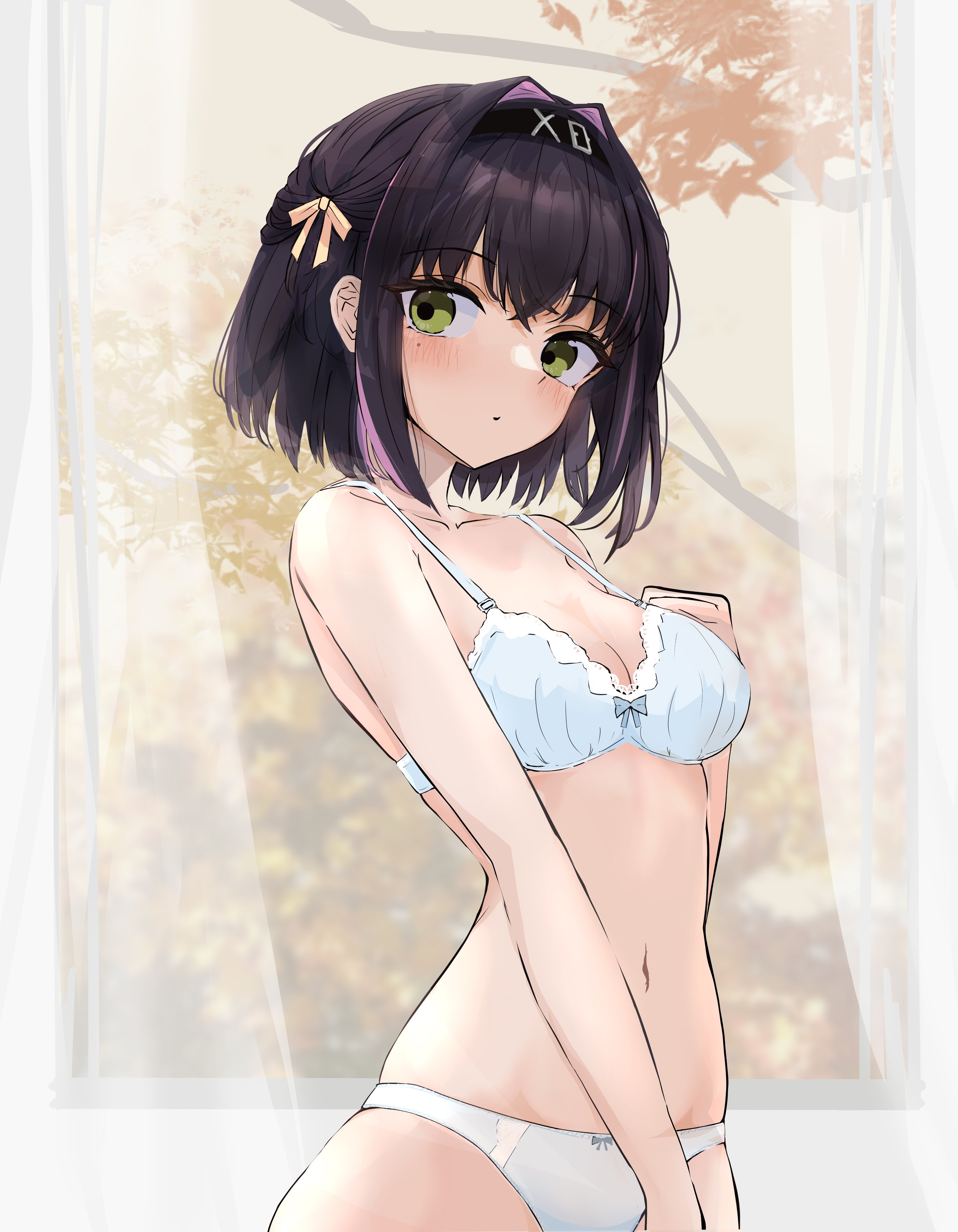 okamic, nabari anju, limelight lemonade jam, absurdres, commentary, highres, 1girl, autumn leaves, bare shoulders, black hair, black hairband, blush, bow, bow bra, bow panties, bra, breasts, cleavage, closed mouth, collarbone, colored inner hair, cowboy shot, crossed bangs, day, eyelashes, eyes visible through hair, green eyes, hair between eyes, hair bow, hair intakes, hairband, hand up, indoors, lace, lace-trimmed bra, lace trim, leaf, looking at viewer, medium breasts, medium hair, mole, mole under eye, multicolored hair, navel, panties, pink hair, skindentation, solo, stomach, straight hair, tsurime, two-tone hair, underwear, underwear only, white bra, white panties, window, yellow bow