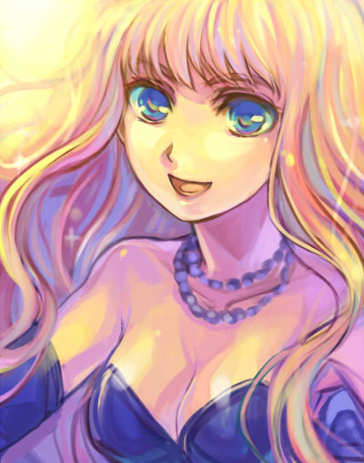 ame yamori, sheryl nome, macross, macross frontier, 00s, 1girl, blonde hair, blue eyes, breasts, cleavage, female focus, jewelry, long hair, medium breasts, necklace, smile, solo