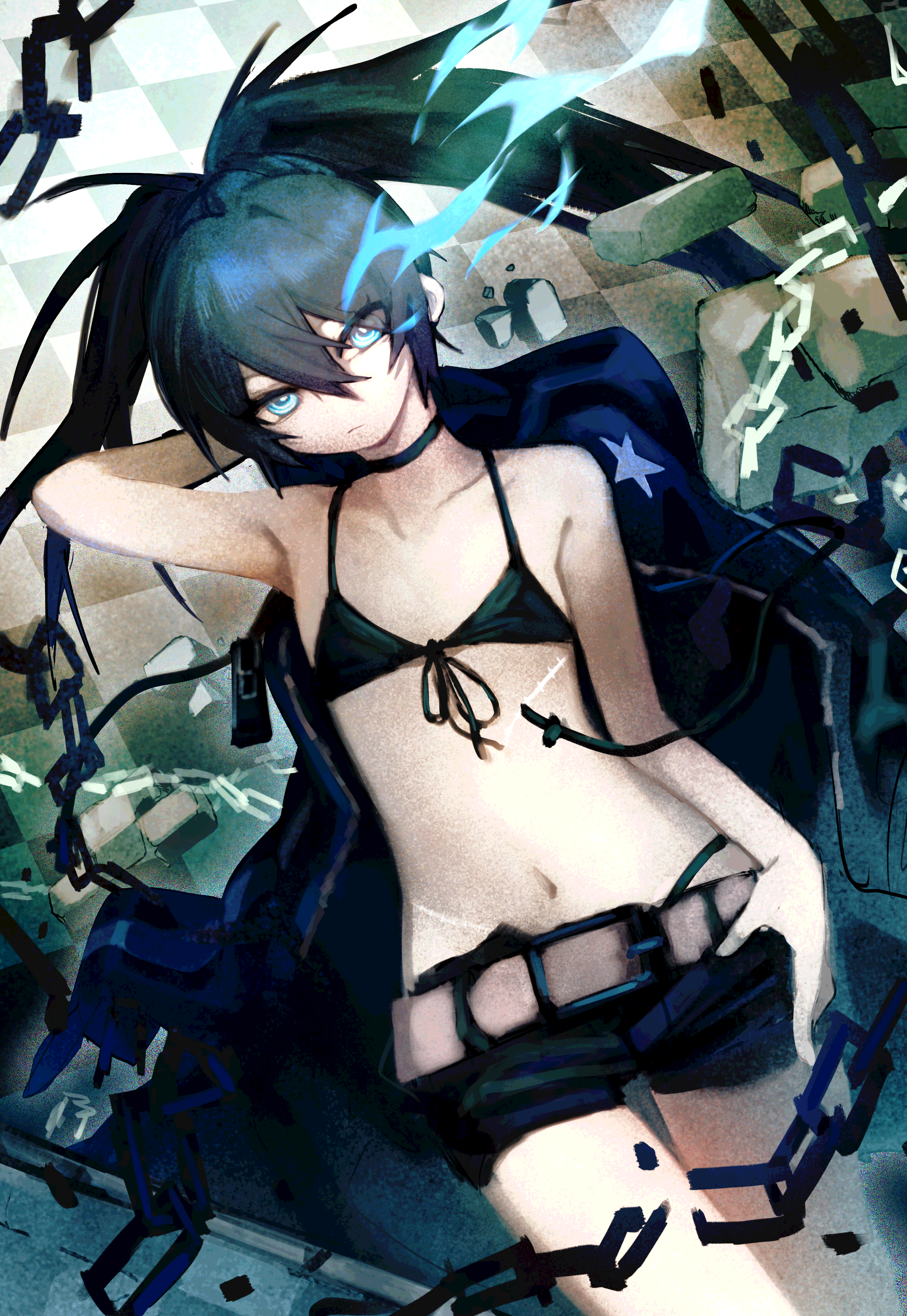 tuck (tuck23978434), black rock shooter (character), black rock shooter, absurdres, highres, 1girl, bikini, black bikini, black hair, blue eyes, flat chest, glowing, glowing eye, solo, swimsuit