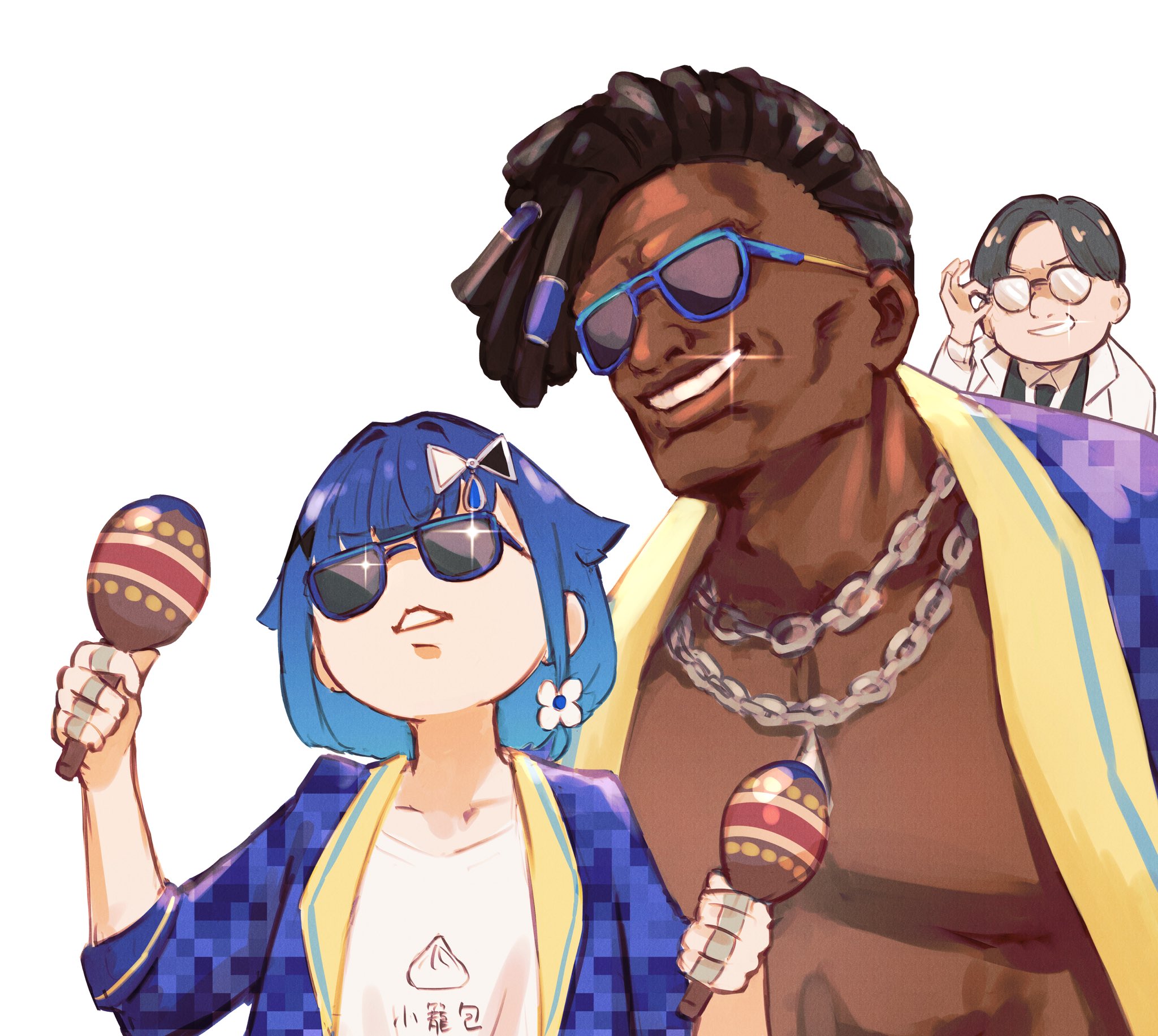 tsubu (kappunioyu562), dee jay, tsumugi kokage, street fighter, vspo!, highres, 1girl, 2boys, black hair, blue hair, blue jacket, chain, chain necklace, dark-skinned male, dark skin, glasses, gradient hair, grin, hair flaps, holding, holding instrument, holding maracas, instrument, jacket, jewelry, maracas, medium hair, multicolored hair, multiple boys, multiple rings, necklace, ring, shirt, simple background, smile, suit jacket, sunglasses, virtual youtuber, water drop hair ornament, white background, white shirt