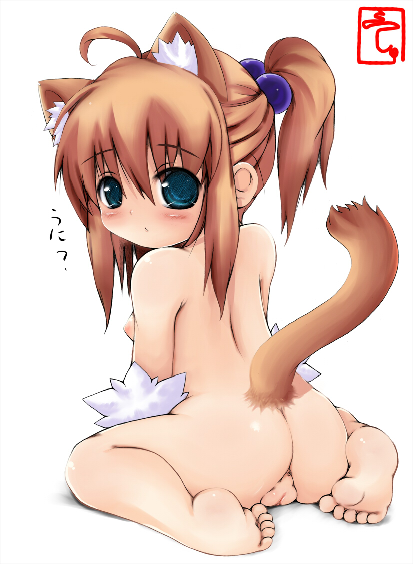 fushuu, onnanoko suwari, original, 1girl, animal ears, anus, ass, barefoot, blue eyes, blush, brown hair, cat ears, cat tail, cleft of venus, feet, female focus, flat chest, loli, long hair, nipples, nude, ponytail, pussy, sitting, soles, solo, tail, toes, uncensored