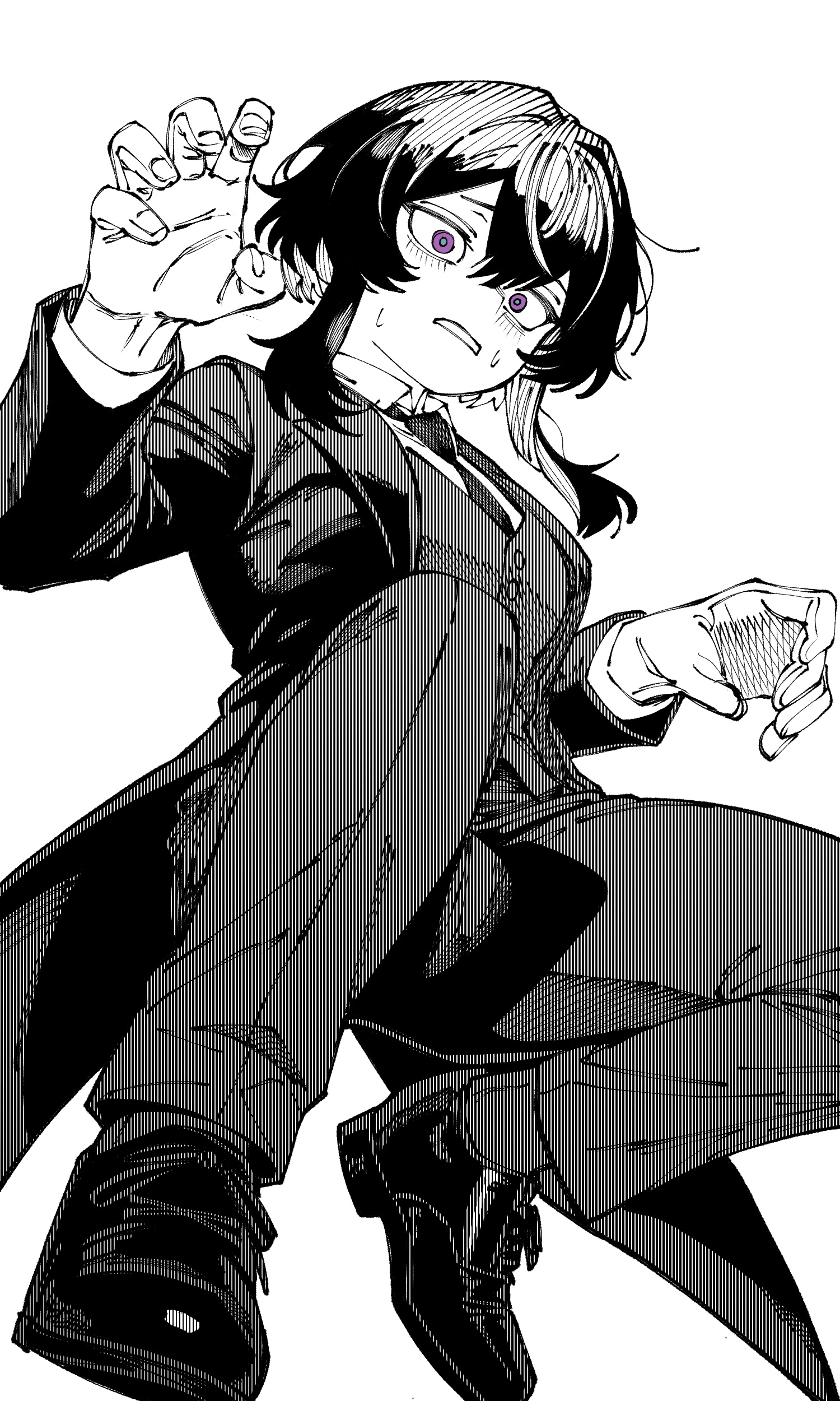 kani ka nanika, haruka (blue archive), blue archive, absurdres, highres, 1girl, formal clothes, from below, greyscale, long sleeves, monochrome, necktie, pants, purple eyes, shirt, shoes, short hair, simple background, solo, suit, vest, waistcoat