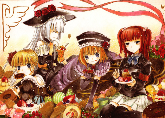 suzushiro kurumi, beatrice (umineko), eva beatrice, ushiromiya ange, virgilia (umineko), umineko no naku koro ni, silver hair, 00s, 4girls, blonde hair, blue hair, bug, butterfly, cake, candy, closed eyes, flower, food, fruit, hair bobbles, hair ornament, hat, hime cut, insect, juice, long hair, multiple girls, orange hair, pastry, pie, red hair, ribbon, rose, short hair, strawberry, tea, thighhighs, very long hair