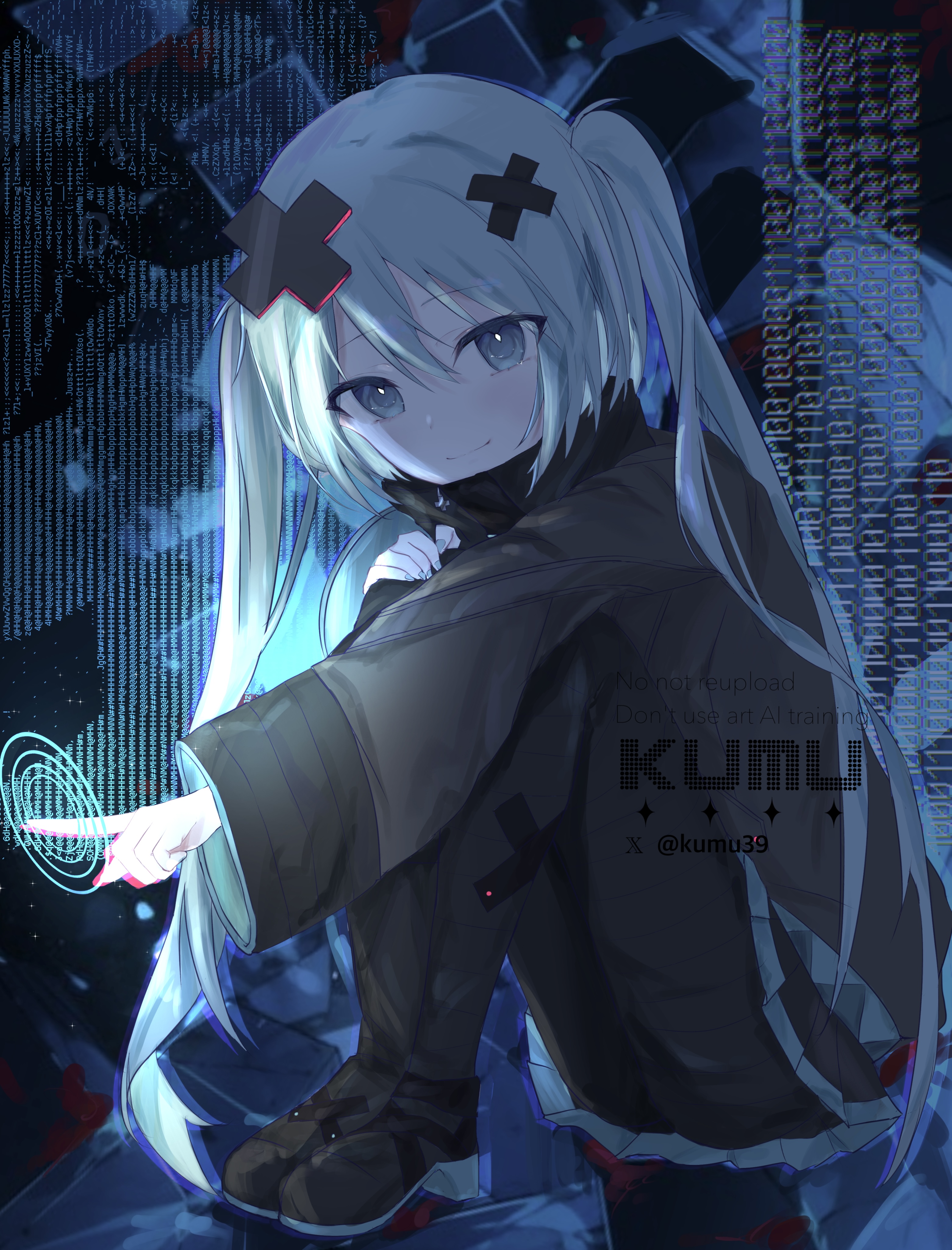 batsu miku, hatsune miku, kowareta sekai to utaenai miku, project sekai, vocaloid, absurdres, highres, 1girl, aqua eyes, aqua hair, aqua nails, aqua trim, bandaid, bandaid on leg, black skirt, closed mouth, grey jacket, hair ornament, jacket, kumu39 (pixiv98385696), long sleeves, looking at viewer, pleated skirt, skirt, smile, solo, turtleneck, turtleneck jacket, twintails, wide sleeves, x hair ornament