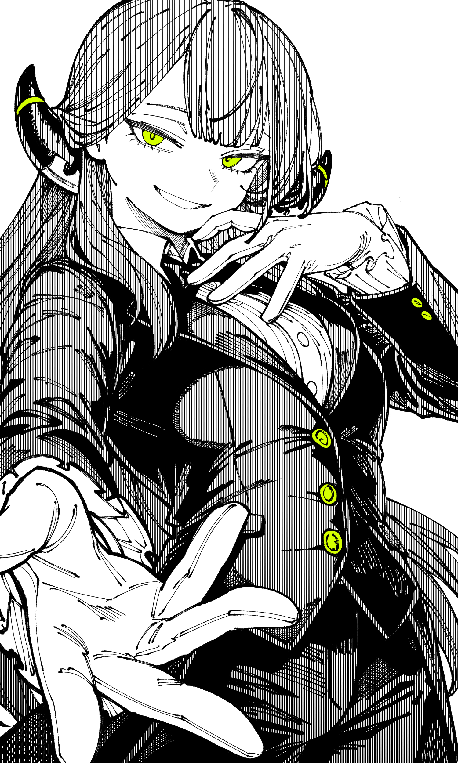 kani ka nanika, aru (blue archive), blue archive, absurdres, highres, 1girl, breasts, buttons, formal clothes, gloves, green eyes, greyscale, grin, horns, long hair, monochrome, pants, problem solver 68 (blue archive), shirt, simple background, smile, solo, suit