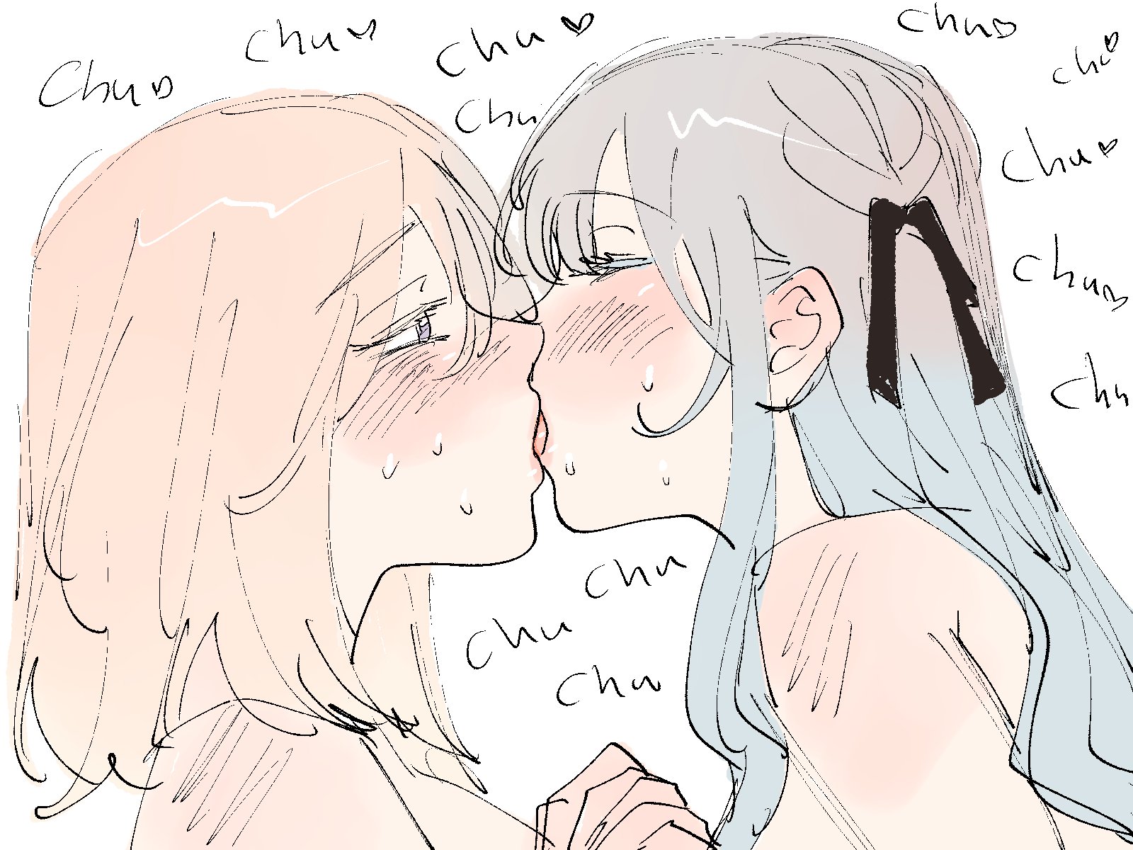 milfcookiesimp, misumi uika, togawa sakiko, bang dream!, bang dream! it's mygo!!!!!, highres, 2girls, black ribbon, blonde hair, blue hair, blush, closed eyes, french kiss, hair ribbon, kiss, long hair, medium hair, multiple girls, purple eyes, ribbon, sweat, yuri