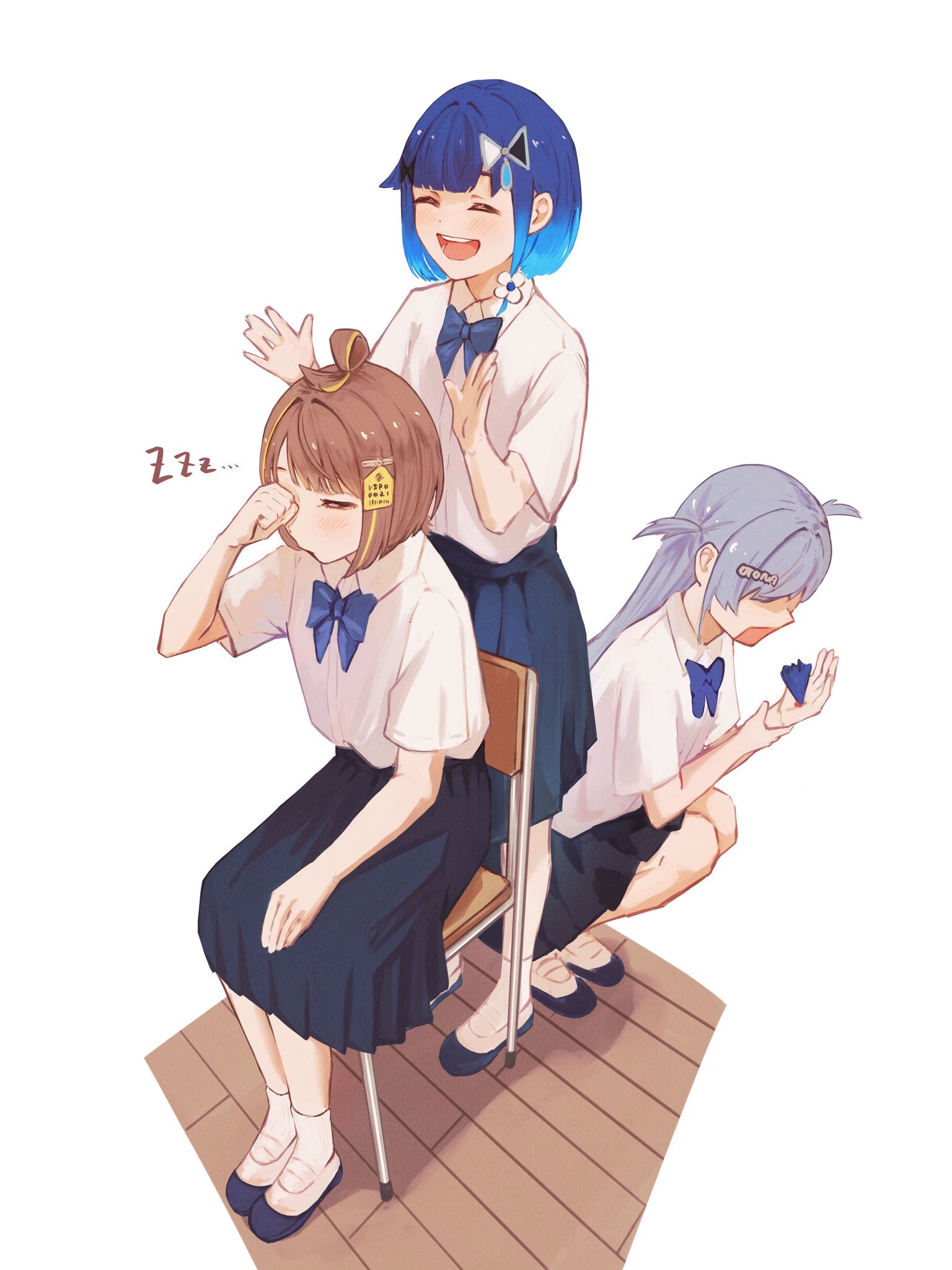 tsubu (kappunioyu562), sendo yuuhi, tsumugi kokage, yano kuromu, vspo!, highres, 3girls, adjusting another's hair, alternate costume, blue bow, blue bowtie, blue hair, blue skirt, bow, bowtie, brown hair, chair, closed eyes, collared shirt, gradient hair, grey hair, hair flaps, hair rings, long hair, medium hair, multicolored hair, multiple girls, open mouth, parted bangs, pleated skirt, school chair, school uniform, shirt, shirt tucked in, shoes, short sleeves, simple background, single hair ring, sitting, skirt, socks, squatting, streaked hair, two side up, uwabaki, virtual youtuber, water drop hair ornament, white background, white shirt, white socks, wooden floor, zzz