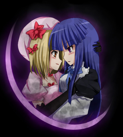 frederica bernkastel, lambdadelta, umineko no naku koro ni, 00s, 2girls, blonde hair, blue hair, dress, elbow gloves, gloves, hat, long hair, multiple girls, orange eyes, pink dress, pink hat, purple eyes, ribbon, short hair, tears, very long hair, yuri