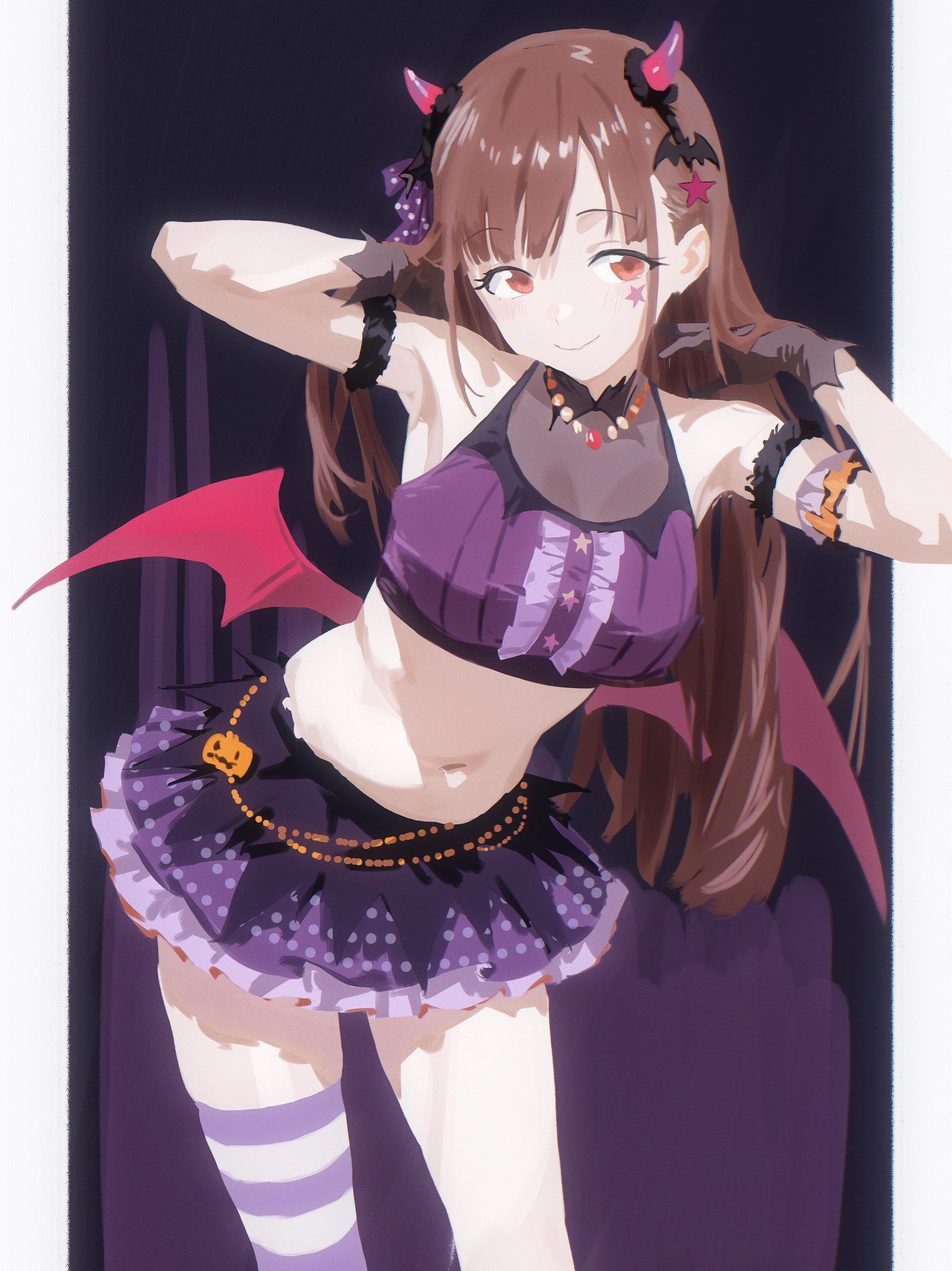cobwvmeti, sonoda chiyoko, idolmaster, idolmaster shiny colors, absurdres, hashtag-only commentary, highres, 1girl, arms up, bat hair ornament, breasts, brown eyes, brown hair, closed mouth, cowboy shot, crop top, demon horns, demon wings, facial mark, gloves, hair down, hair ornament, horns, jack-o'-lantern ornament, layered skirt, long hair, midriff, navel, single thighhigh, skirt, smile, solo, standing, star (symbol), star facial mark, star hair ornament, striped clothes, striped thighhighs, thighhighs, very long hair, wings