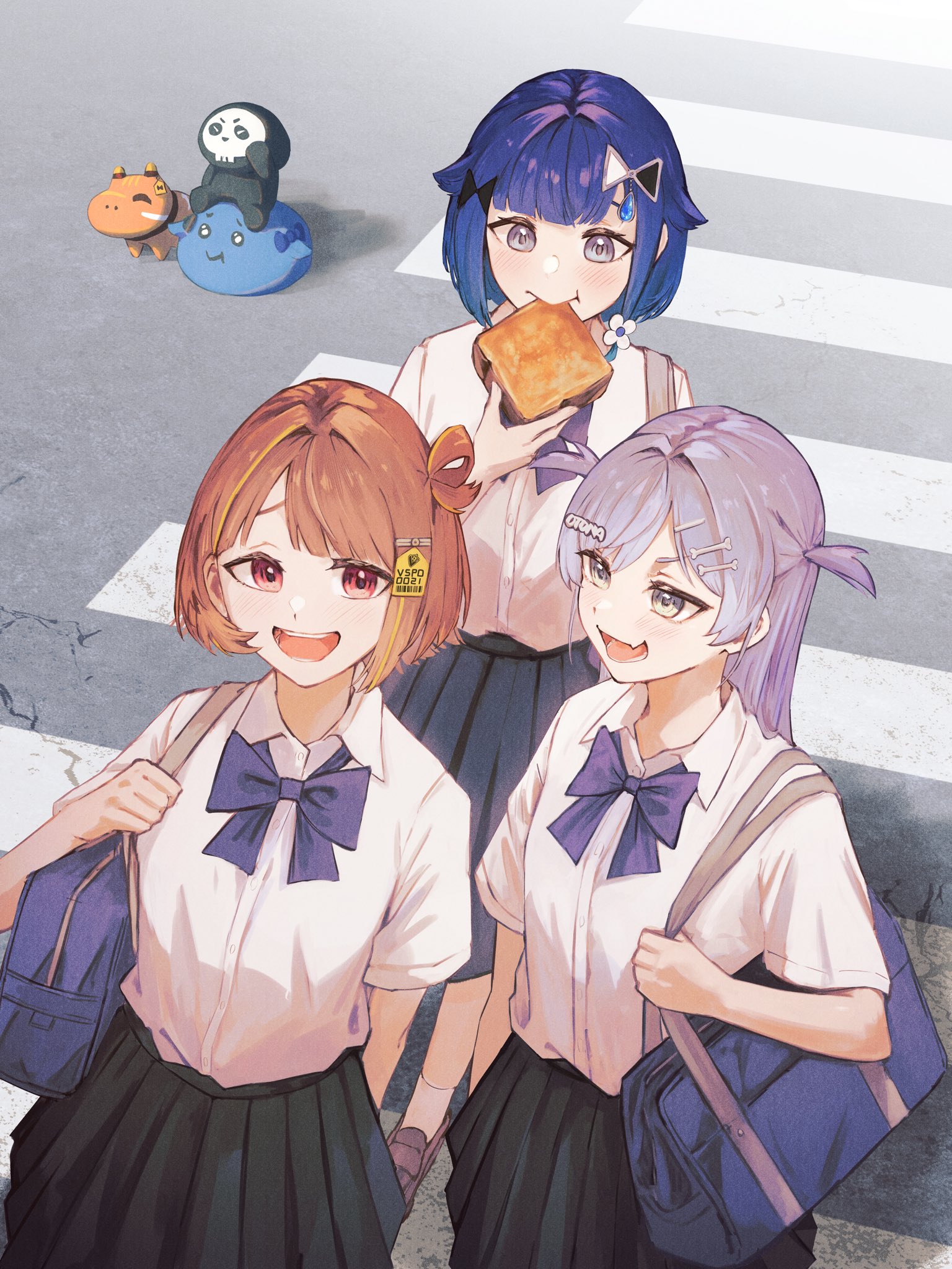 tsubu (kappunioyu562), sendo yuuhi, tsumugi kokage, yano kuromu, vspo!, highres, 3girls, alternate costume, bag, black skirt, blue bow, blue bowtie, blue hair, bone hair ornament, bow, bowtie, bread, bread slice, brown hair, brown shoes, crosswalk, food, food in mouth, gradient hair, grey eyes, grey hair, hair flaps, hair intakes, hair ornament, hair rings, jacket, loafers, long hair, medium hair, mouth hold, multicolored hair, multiple girls, open mouth, parted bangs, pleated skirt, red eyes, school bag, school uniform, shirt, shirt tucked in, shoes, short-sleeved jacket, short sleeves, single hair ring, skirt, socks, streaked hair, toast, toast in mouth, two side up, virtual youtuber, walking, water drop hair ornament, white shirt, white socks