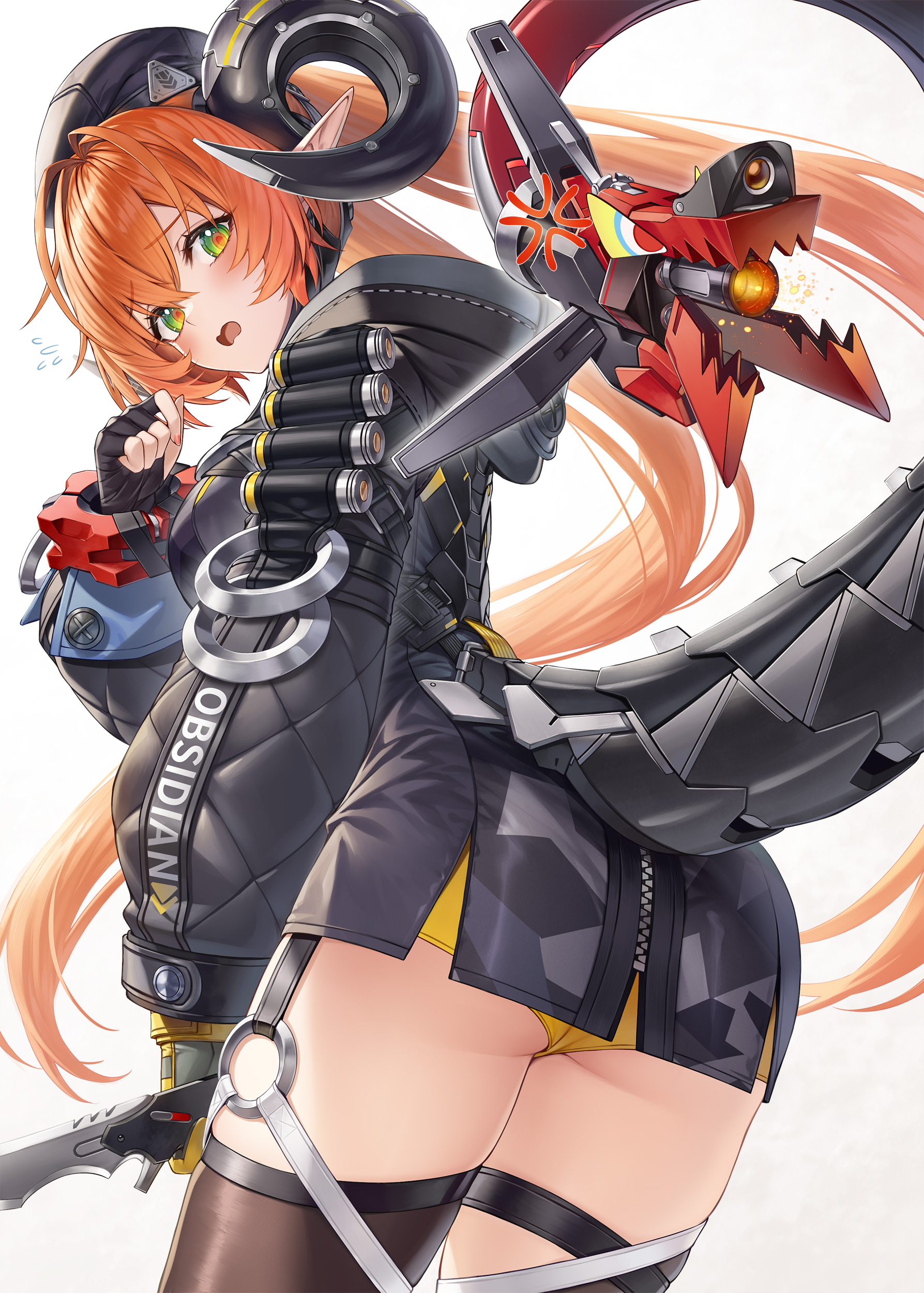 chabaneko, magus (zenless zone zero), orphie magnusson, zenless zone zero, absurdres, highres, 1girl, 1other, ammunition, angry, ass, asymmetrical gloves, black hat, black horns, black jacket, blush, dragon girl, dragon horns, dress, fingerless gloves, from behind, gloves, green eyes, gun, hat, holding, holding knife, holding weapon, horns, jacket, knife, looking at viewer, looking back, mechanical horns, mechanical tail, mismatched gloves, open mouth, orange hair, orange pupils, panties, pointy ears, single fingerless glove, tail, thigh strap, thighhighs, thighs, twintails, underwear, weapon, white background, yellow gloves, yellow panties, zipper, zipper dress