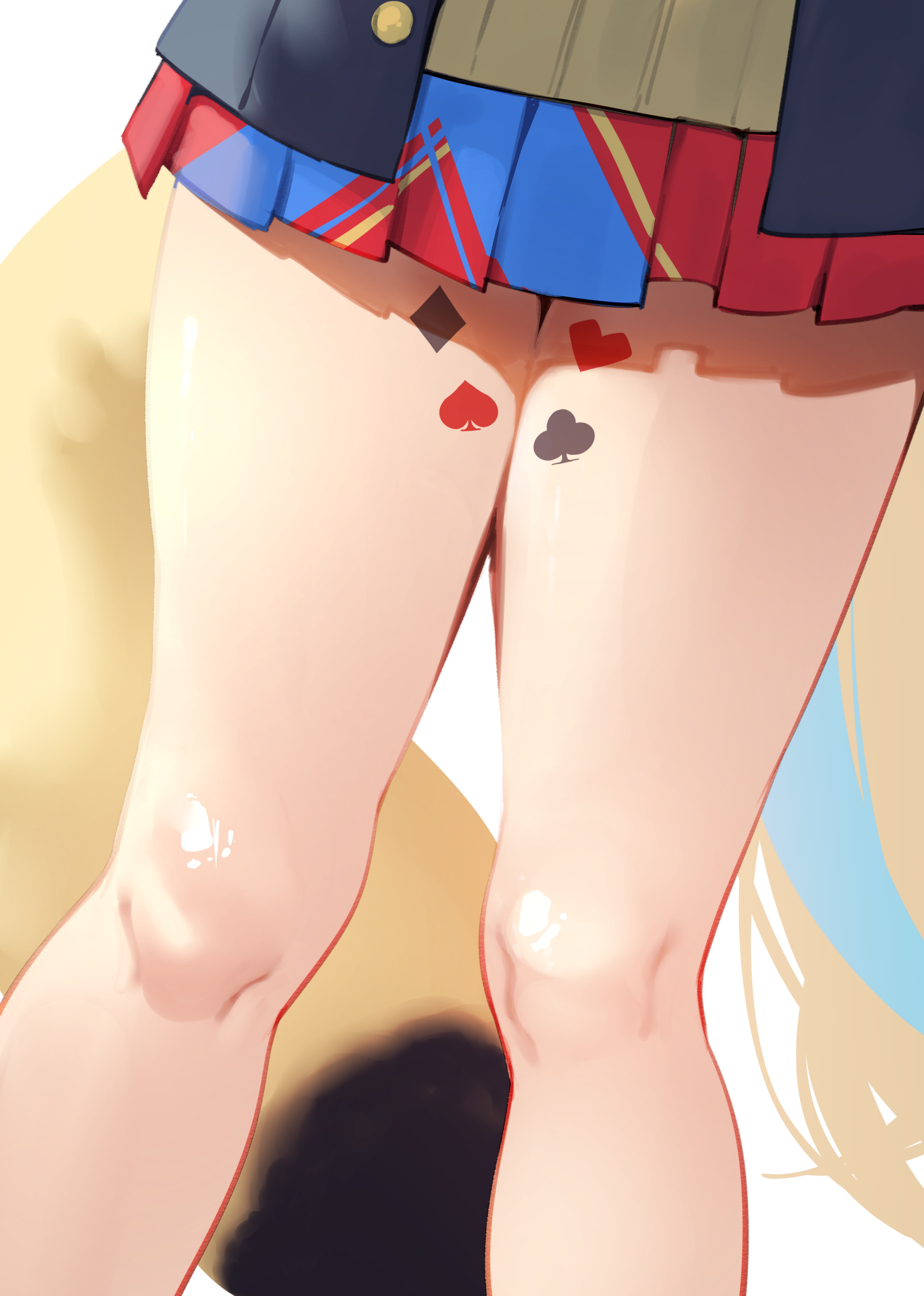tsushi, omaru polka, omaru polka (school uniform), hololive, absurdres, highres, 1girl, club (shape), diamond (shape), fox tail, heart, knees, leg tattoo, lower body, miniskirt, multicolored skirt, pleated skirt, simple background, skirt, solo, spade (shape), standing, tail, tattoo, thigh focus, thighs, virtual youtuber, white background