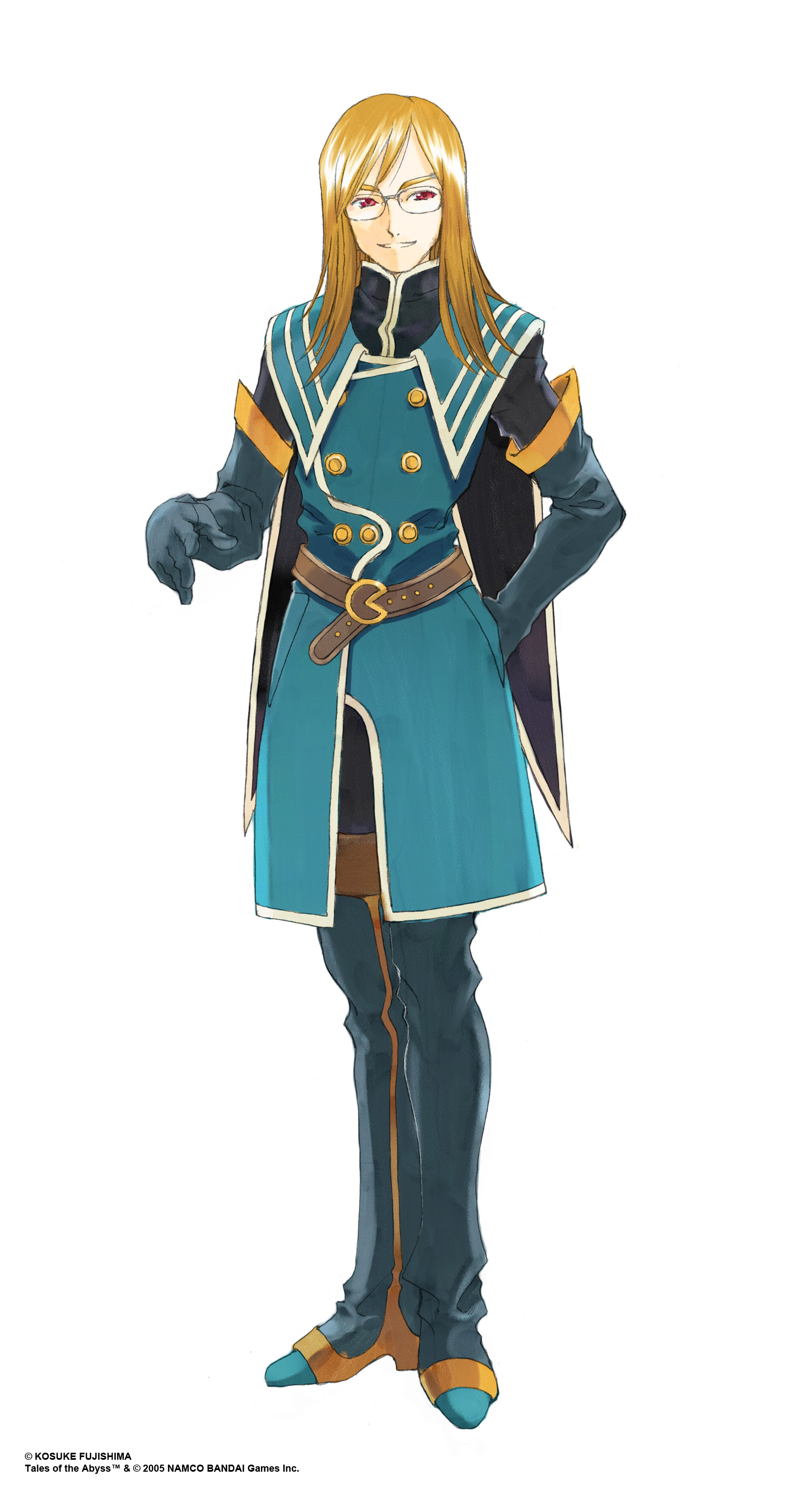 fujishima kousuke, jade curtiss, tales of (series), tales of the abyss, uniform, absurdres, highres, scan, 00s, 1boy, full body, glasses, male focus, simple background, solo, white background