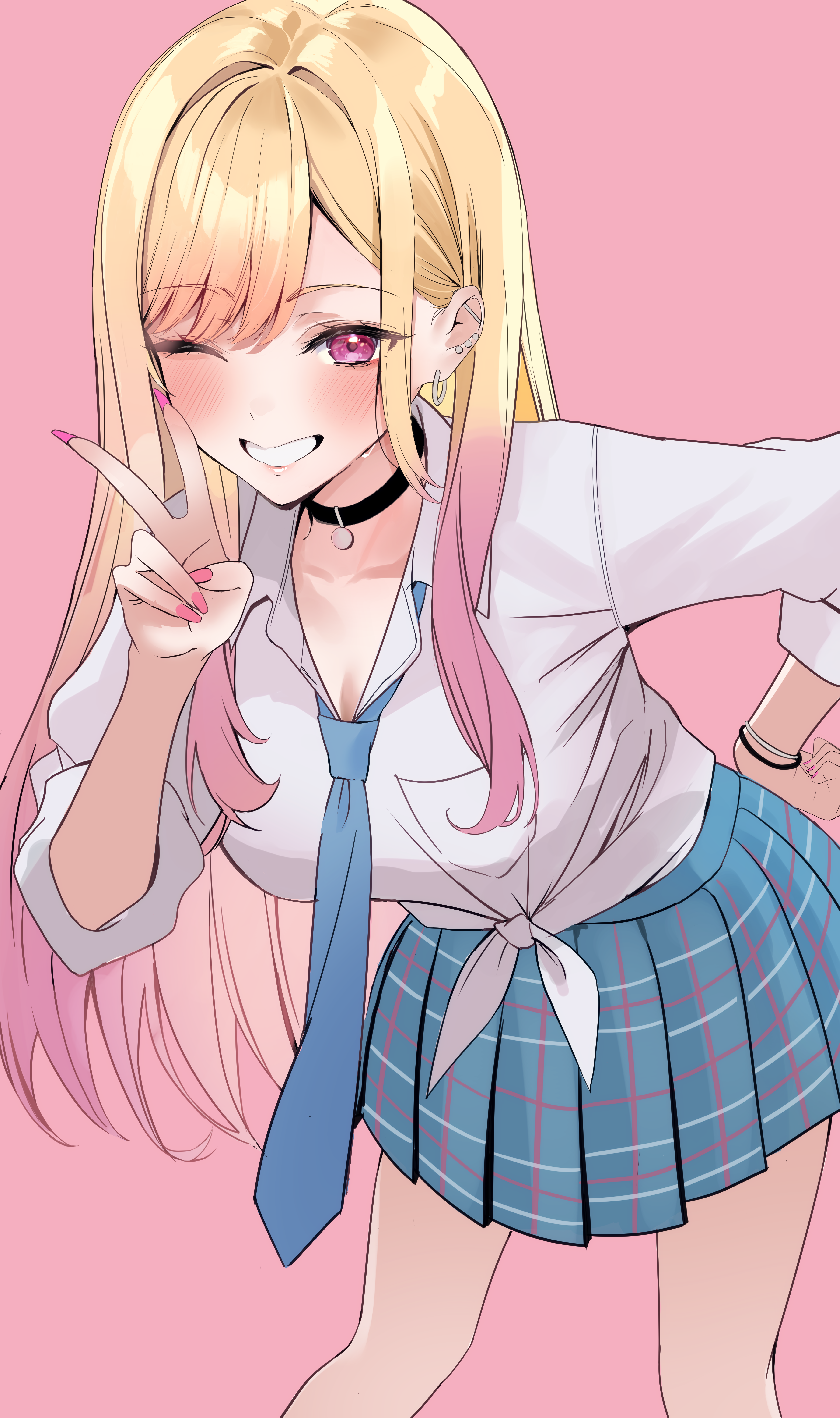nakano kura, kitagawa marin, sono bisque doll wa koi wo suru, absurdres, highres, 1girl, blonde hair, blue necktie, blue skirt, blush, breasts, checkered clothes, checkered skirt, choker, cleavage, collarbone, earrings, gradient hair, grin, hand on own hip, jewelry, large breasts, long hair, looking at viewer, multicolored hair, necktie, one eye closed, pink background, pink eyes, pink hair, shirt, skirt, sleeves rolled up, smile, solo, tied shirt, v, white shirt, wristband