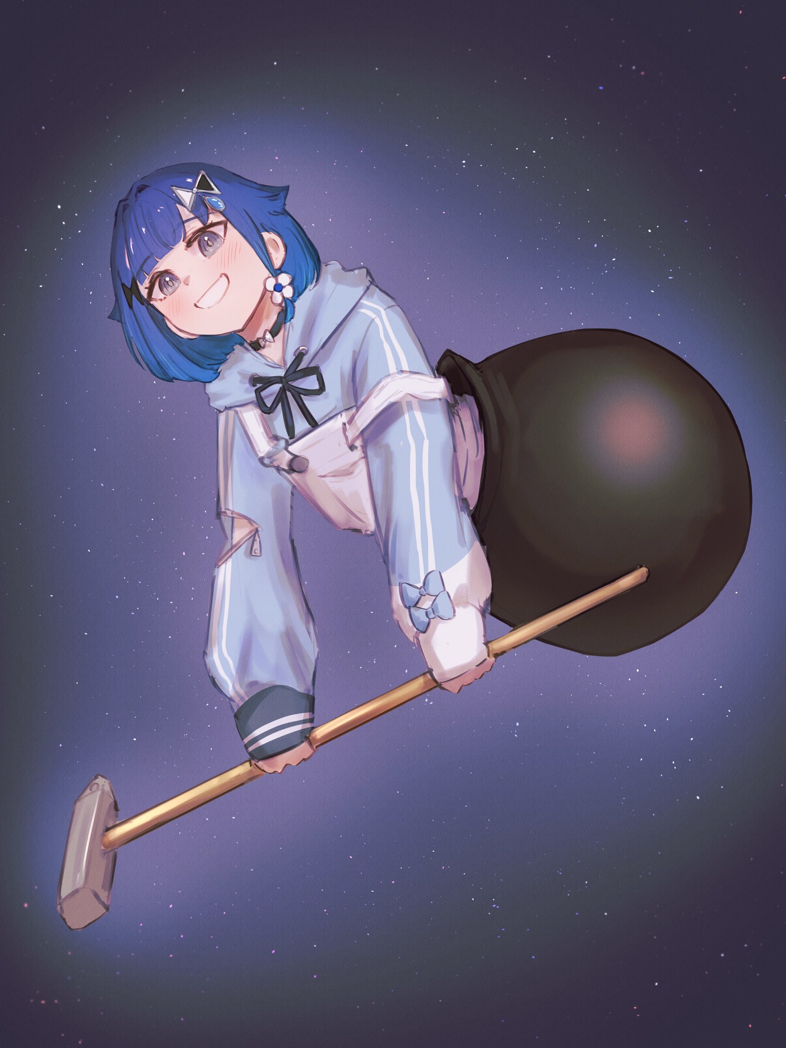tsubu (kappunioyu562), tsumugi kokage, getting over it, vspo!, highres, 1girl, black choker, blue hair, blue hoodie, choker, drawstring, floating, gradient hair, grey eyes, grin, hair flaps, hair intakes, hammer, hood, hoodie, looking at viewer, medium hair, multicolored hair, overalls, sledgehammer, sleeves past wrists, smile, solo, space, strap slip, tied drawstring, virtual youtuber, water drop, white overalls