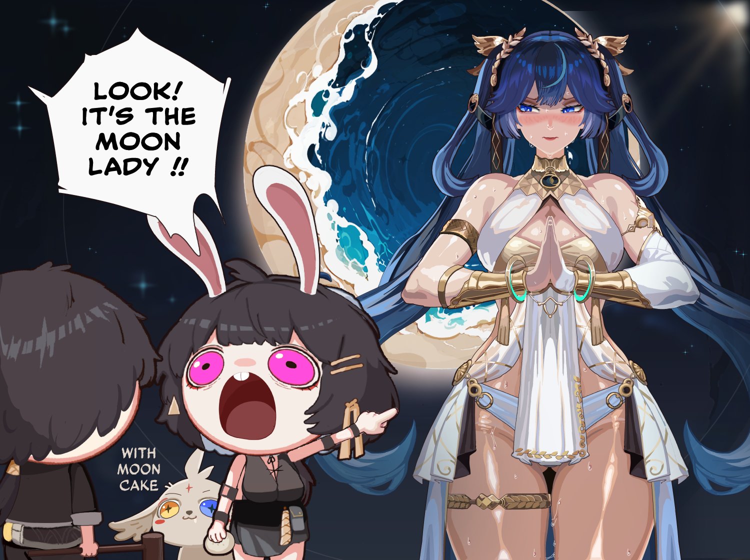 kinohara kossuta, abby (wuthering waves), female rover (wuthering waves), iuno (wuthering waves), male rover (wuthering waves), rover (wuthering waves), wuthering waves, 1boy, 2girls, ahoge, ancient greek clothes, animal ears, armlet, bare shoulders, black hair, black skirt, blue eyes, blue hair, blush, breasts, butt crack, closed mouth, english text, gold bra, greco-roman clothes, hair ornament, hairclip, hand up, heterochromia, jacket, jewelry, large breasts, laurel crown, long hair, looking at another, looking at viewer, meme, multicolored hair, multiple girls, pink eyes, showgirl skirt, skirt, streaked hair, thighlet, thighs, twintails, vambraces, yellow eyes