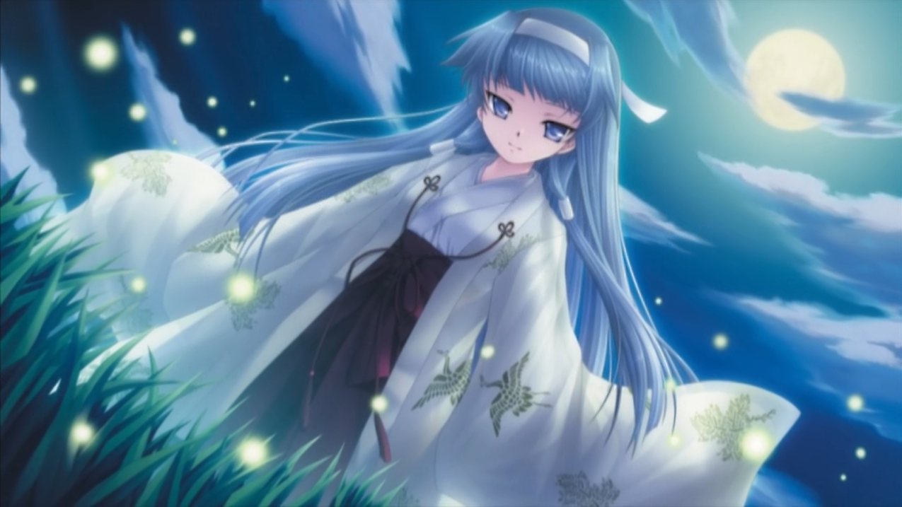 hinoue itaru, nagi, kannagi, 00s, 1girl, blue eyes, blue hair, blunt bangs, bug, female focus, fireflies, firefly, headband, insect, japanese clothes, long hair, matching hair/eyes, moon, night, solo