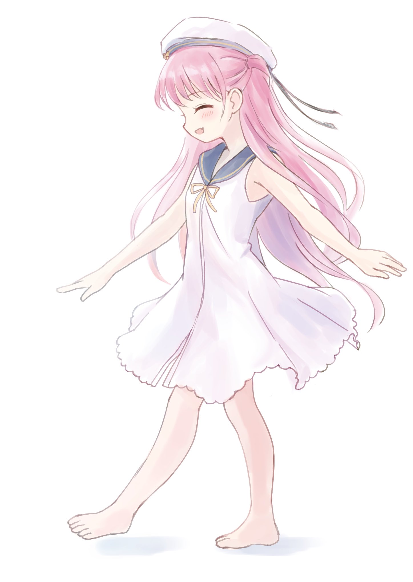 free palet, katou umi, summer pockets, highres, 1girl, :d, ^ ^, barefoot, black ribbon, blue sailor collar, blush, closed eyes, dress, fang, floating hair, from side, full body, hair between eyes, happy, hat, hat ribbon, long hair, one side up, open mouth, outstretched arms, pink hair, ribbon, sailor collar, sailor dress, sailor hat, simple background, sketch, skin fang, sleeveless, sleeveless dress, smile, solo, standing, very long hair, white background, white dress, white hat, yellow eyes