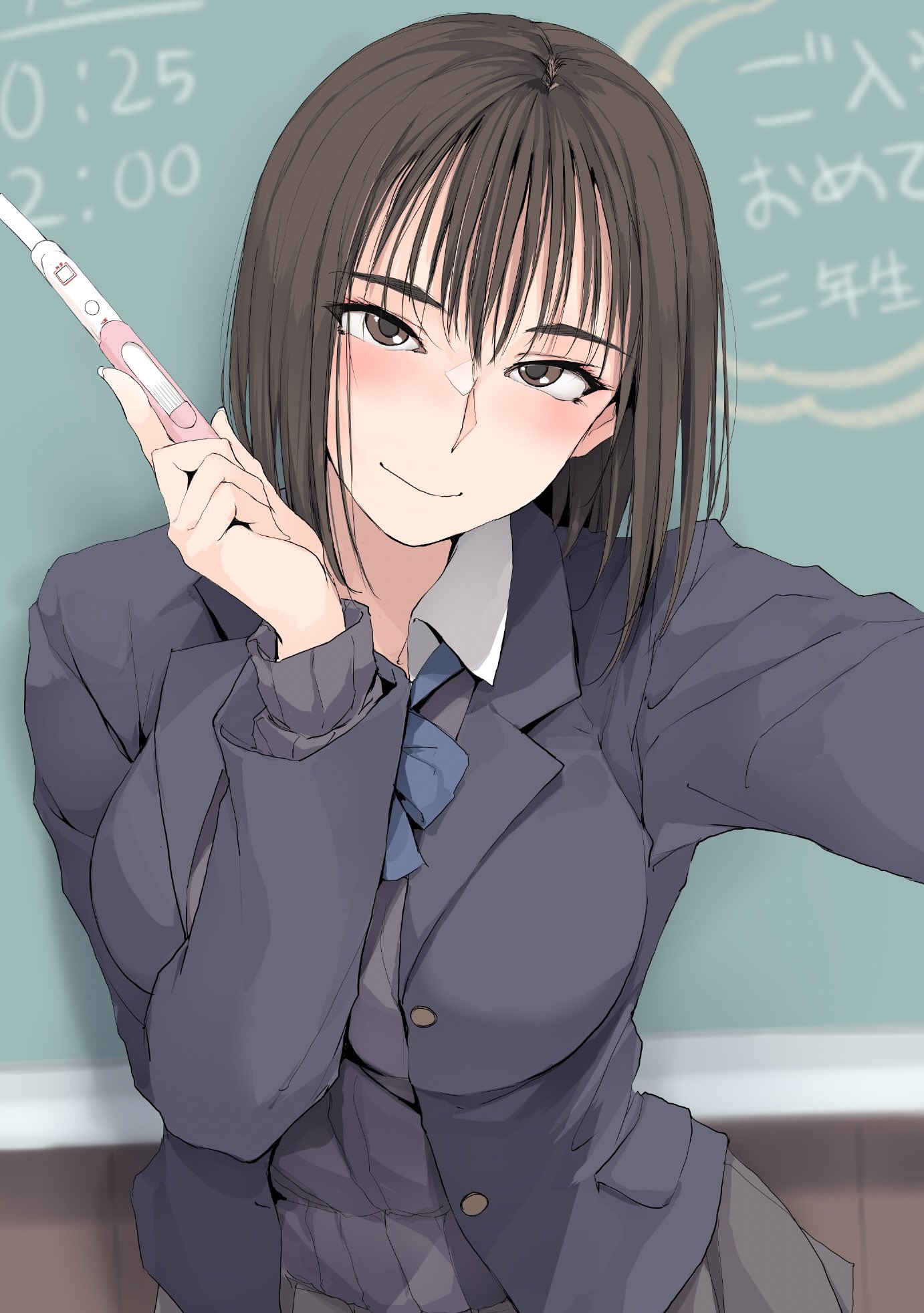 zekkyon, original, highres, 1girl, black cardigan, black jacket, blue bow, blue bowtie, blush, bow, bowtie, breasts, brown eyes, brown hair, cardigan, chalkboard, collared shirt, holding, holding pregnancy test, jacket, looking at viewer, medium breasts, pregnancy test, shirt, short hair, smile, solo, white shirt