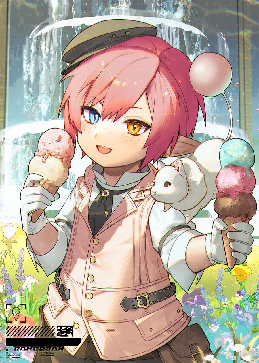 bamcream, final fantasy, final fantasy xiv, character request, commentary, commission, english commentary, highres, 1boy, :d, black necktie, blue eyes, brown hat, food, freckles, gloves, hat, heterochromia, holding, holding food, holding ice cream, ice cream, lalafell, long sleeves, looking at viewer, male focus, necktie, open mouth, pink vest, pointy ears, red hair, shirt, short hair, smile, solo, upper body, vest, white gloves, white shirt, yellow eyes