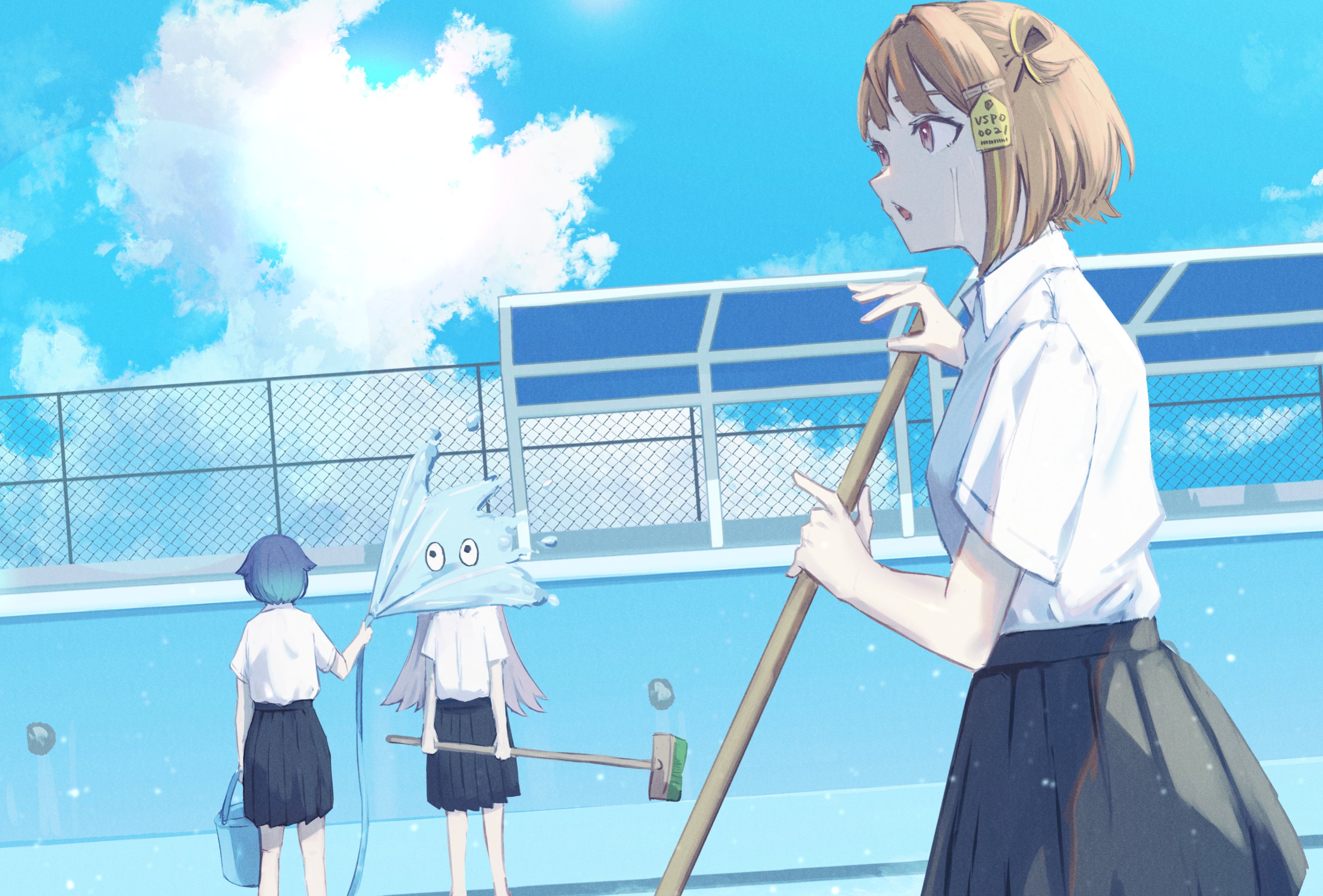 tsubu (kappunioyu562), sendo yuuhi, tsumugi kokage, yano kuromu, vspo!, highres, 3girls, alternate costume, black skirt, blue sky, broom, brown eyes, brown hair, bucket, cleaning pool, cloud, fence, gradient hair, hair flaps, hair rings, holding, holding broom, holding bucket, hose, medium hair, multicolored hair, multiple girls, open mouth, outdoors, pleated skirt, pool, school uniform, shirt, shirt tucked in, short sleeves, single hair ring, skirt, sky, spraying, sweat, white shirt