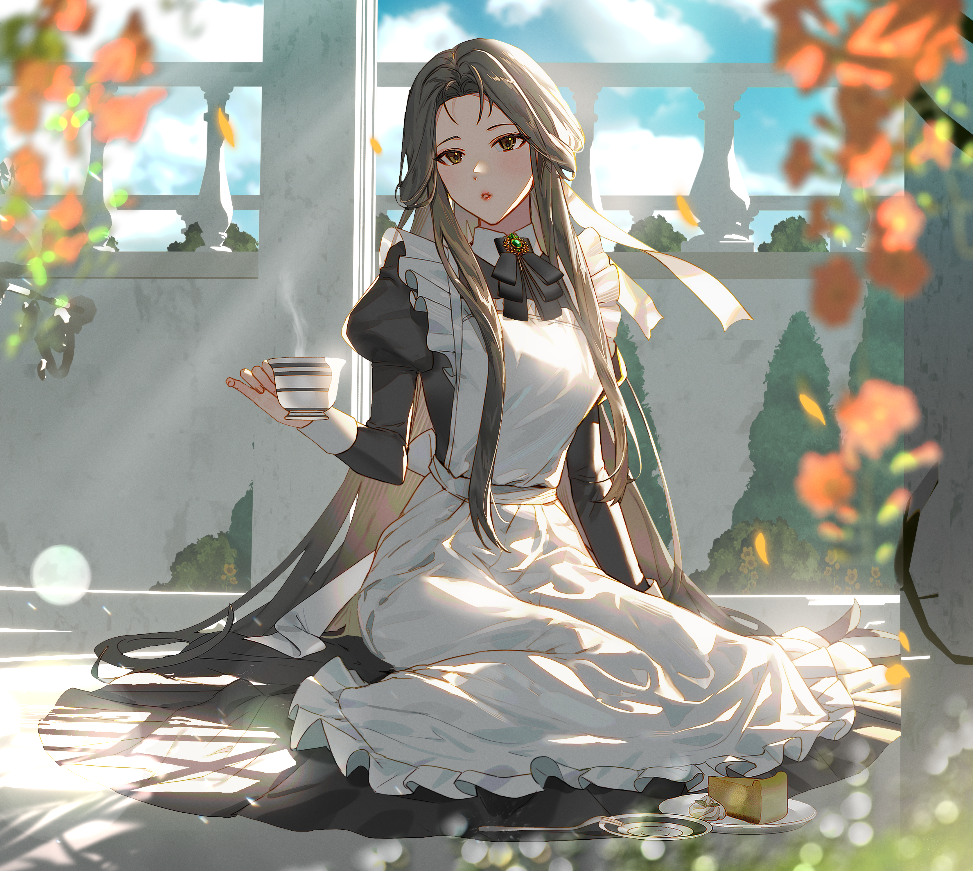 bamcream, original, absurdres, commentary, commentary request, english commentary, highres, mixed-language commentary, 1girl, apron, black dress, black ribbon, blurry, blurry foreground, brown eyes, brown hair, cup, day, dress, food, fork, frilled apron, frills, full body, holding, holding cup, juliet sleeves, long hair, long sleeves, maid, neck ribbon, outdoors, parted lips, pie, pie slice, plate, puffy sleeves, ribbon, sitting, solo, teacup, white apron