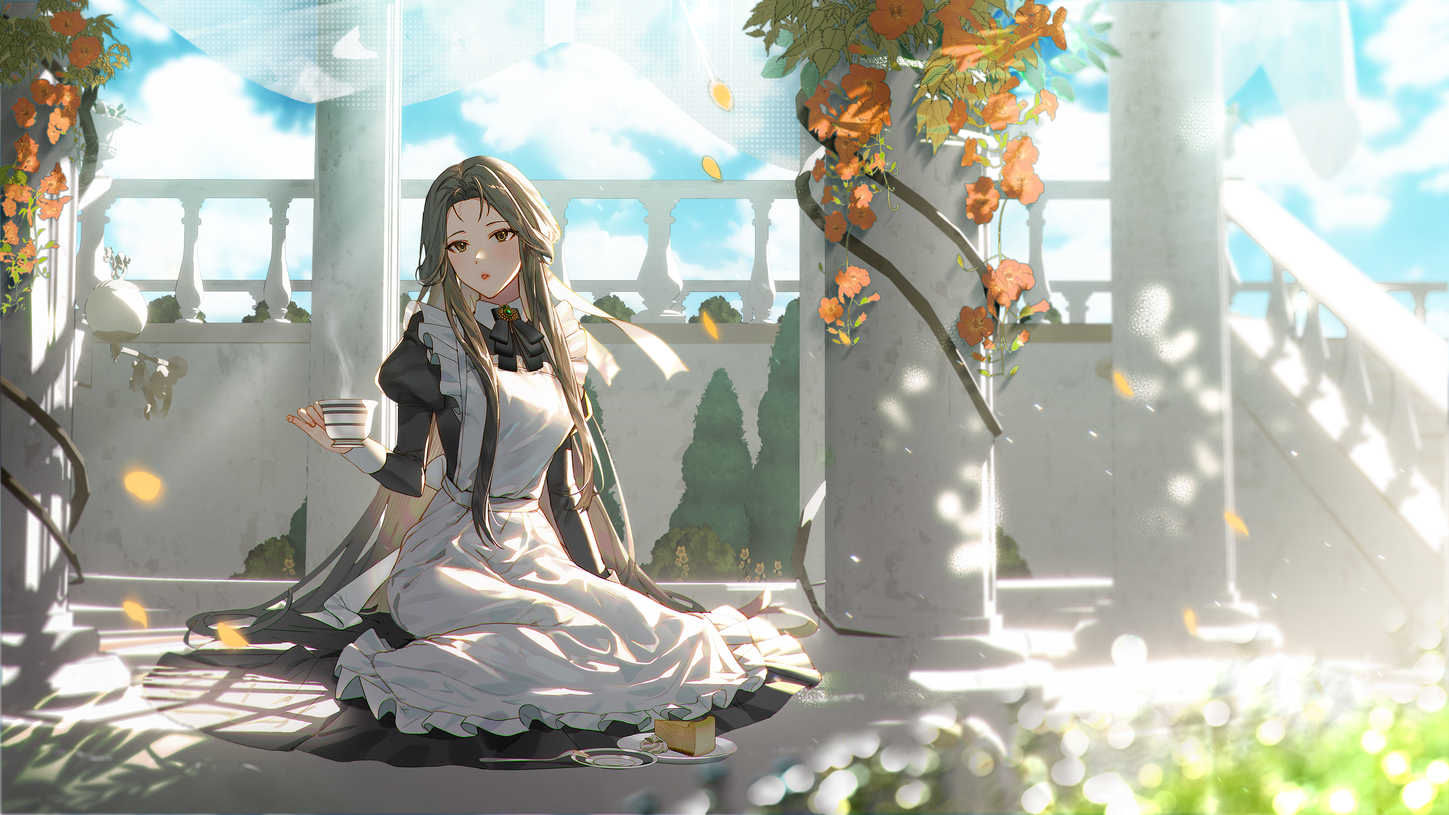 bamcream, original, absurdres, commentary, commentary request, english commentary, highres, mixed-language commentary, 1girl, apron, black dress, black ribbon, brown eyes, brown hair, cup, day, dress, food, fork, frilled apron, frills, full body, holding, holding cup, juliet sleeves, long hair, long sleeves, maid, neck ribbon, outdoors, parted lips, pie, pie slice, plate, puffy sleeves, ribbon, sitting, solo, teacup, white apron