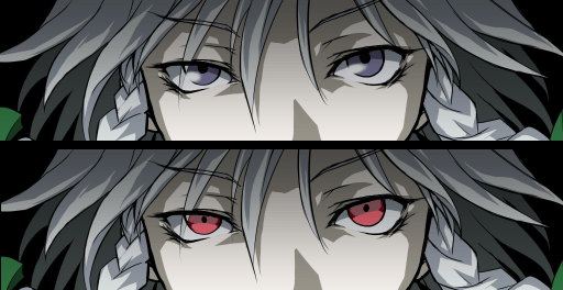 kurokawa (silve), izayoi sakuya, atlus, persona, persona 3, touhou, source request, 1girl, black background, blue eyes, braid, cut-in, dual persona, female focus, grey hair, multiple views, pale skin, parody, persona eyes, red eyes