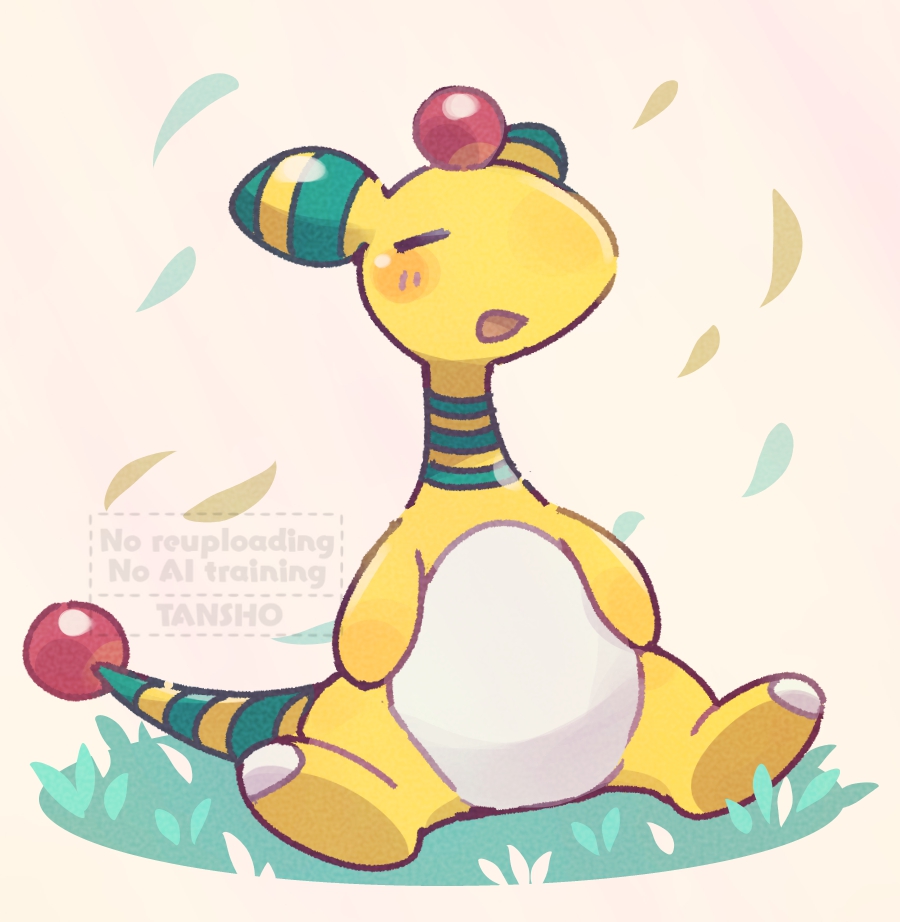 tansho, ampharos, nintendo, pokemon, animal focus, blush, closed eyes, forehead jewel, full body, gen 2 pokemon, grass, no humans, open mouth, pokemon (creature), pokemon focus, sitting, smile, solo, tail