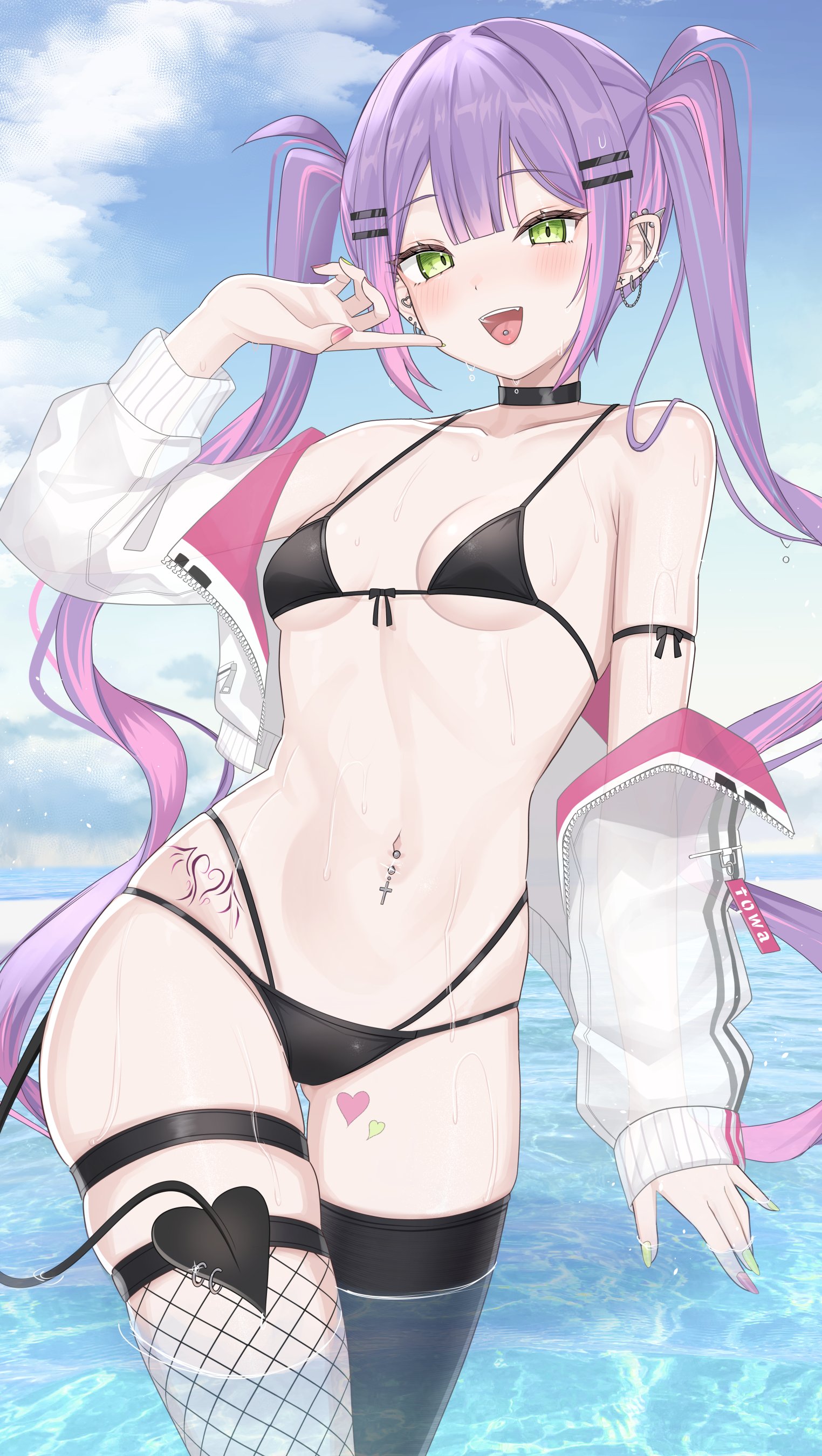 tojo aoi, tokoyami towa, hololive, absurdres, highres, 1girl, :p, asymmetrical legwear, barbell piercing, bikini, black bikini, black choker, black thighhighs, blue sky, breasts, center-flap bangs, chain, chain earrings, choker, cloud, colored inner hair, cropped jacket, day, demon girl, demon tail, double-parted bangs, ear piercing, earrings, fishnet thighhighs, fishnets, front-tie bikini top, front-tie top, gluteal fold, green eyes, green nails, hair ornament, hairclip, hip tattoo, industrial piercing, jacket, jacket partially removed, jewelry, long hair, looking at viewer, mismatched legwear, multicolored hair, nail polish, navel, navel piercing, ocean, open mouth, outdoors, parallel hairclips, piercing, pink hair, pink nails, pointy ears, purple hair, single sleeve past wrist, sky, small breasts, solo, spiked ear piercing, stomach, streaked hair, swimsuit, tail, tail ornament, tail piercing, tattoo, thigh strap, thighhighs, tongue, tongue out, tongue piercing, twintails, virtual youtuber, wading, wet, white jacket, winged heart, winged heart tattoo
