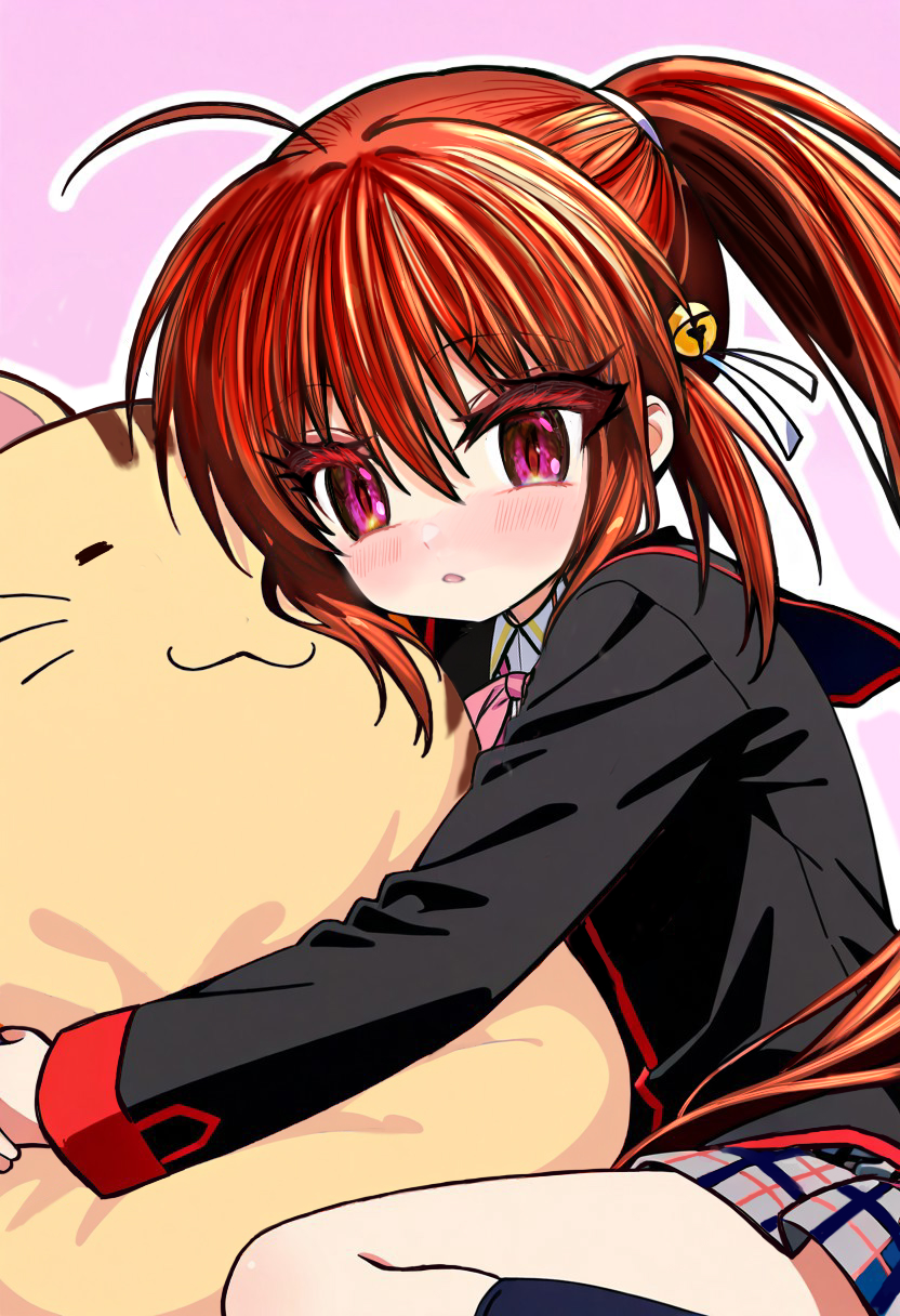 gensou roukaku, doruji, natsume rin, little busters!, commentary, highres, 1girl, :3, = =, ahoge, animal, animal hug, bell, black jacket, blush, bow, bowtie, brown hair, cat, closed mouth, collared shirt, colored eyelashes, eyelashes, eyes visible through hair, feet out of frame, from side, grey skirt, hair bell, hair between eyes, hair ornament, hair ribbon, jacket, jingle bell, little busters! school uniform, long hair, long sleeves, looking at viewer, miniskirt, open mouth, outline, pink background, pink bow, pink bowtie, plaid clothes, plaid skirt, pleated skirt, ponytail, red eyes, ribbon, school uniform, shirt, sidelocks, simple background, sitting, skirt, slit pupils, solo, very long hair, wariza, whiskers, white outline, white ribbon, white shirt, yellow cat