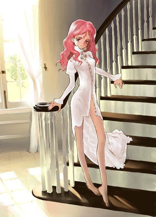 non-web source, 1girl, barefoot, bottomless, curtains, dress, female focus, long hair, no panties, pink hair, purple hair, railing, solo, stairs, thighs