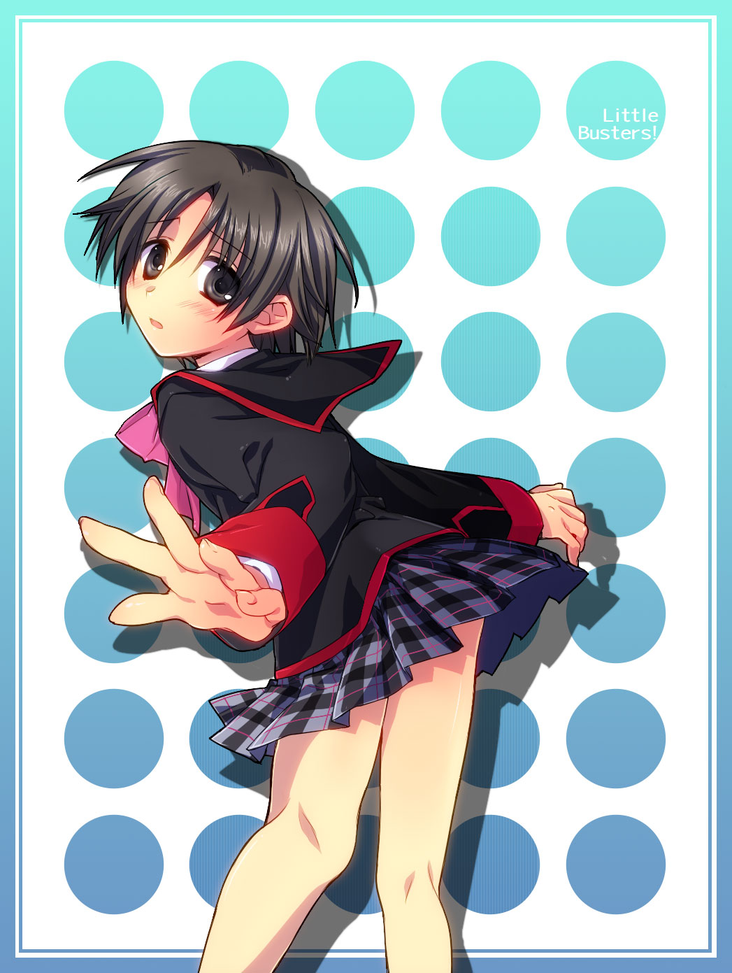 satomi yoshitaka, naoe riki, little busters!, highres, 1boy, bob cut, crossdressing, crossdressing (mtf), male focus, plaid clothes, plaid skirt, school uniform, serafuku, short hair, skirt, solo, trap