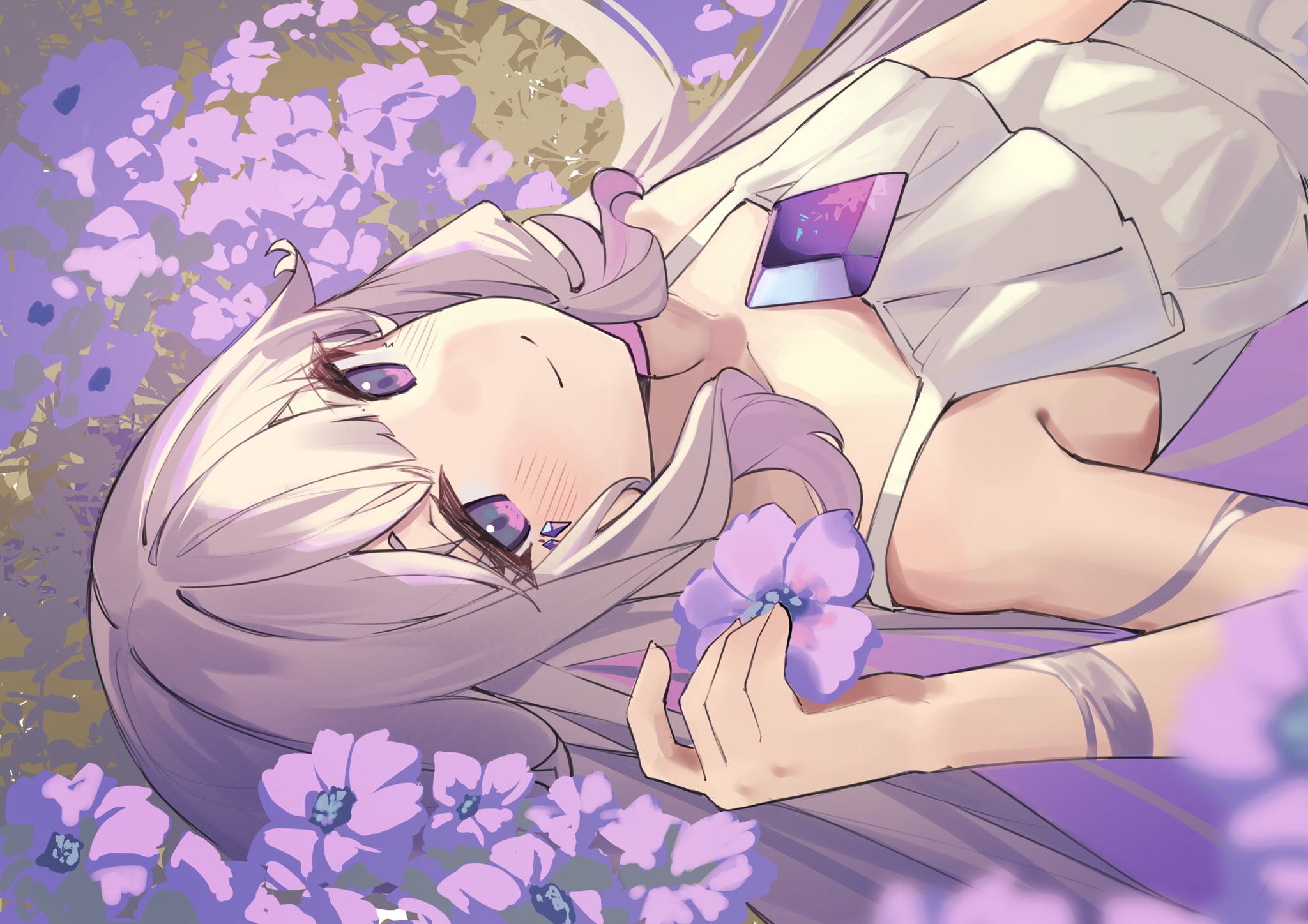 ricke 2002, koseki bijou, hololive, hololive english, highres, 1girl, chest jewel, dress, flower, gem, grey hair, jewel under eye, long hair, looking at viewer, lying, purple eyes, purple hair, smile, virtual youtuber