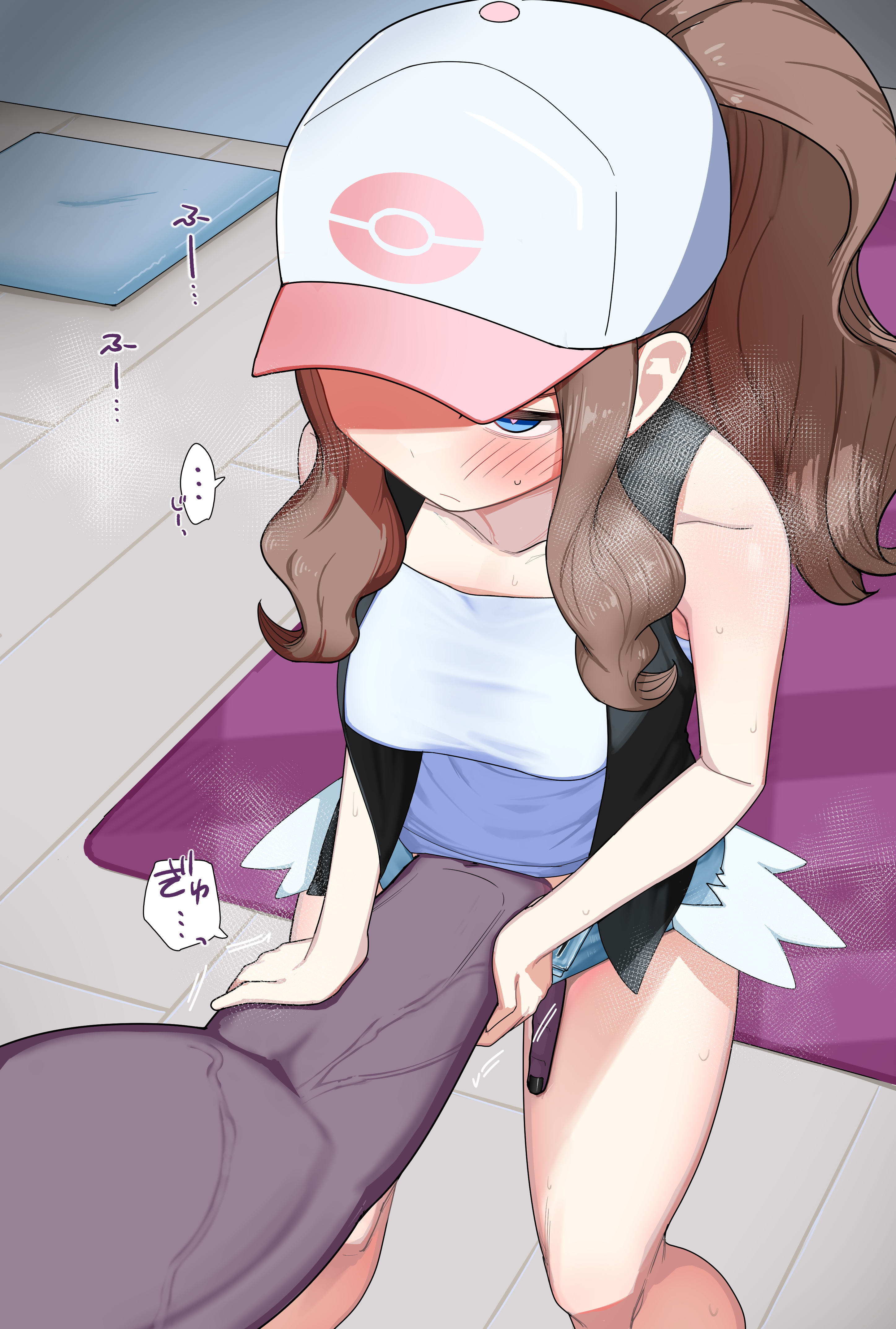 togeimeizin, hilda (pokemon), nintendo, pokemon, pokemon bw, absurdres, highres, 1boy, 1girl, baseball cap, black vest, blue eyes, blush, breasts, brown hair, dark-skinned male, dark skin, denim, denim shorts, fingering, fingering through clothes, hat, hetero, looking at another, medium breasts, micro shorts, muscular, muscular male, ponytail, shorts, sidelocks, solo focus, sweat, tank top, thighs, through clothes, veins, vest, white tank top