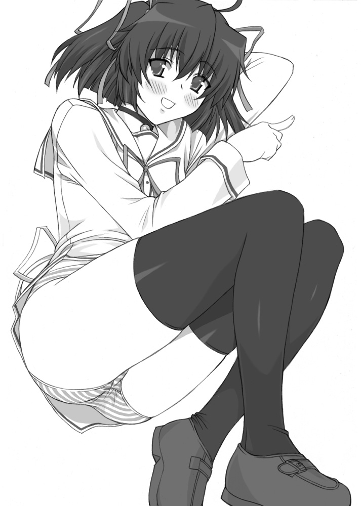 shichimenchou, asakura nemu, da capo, da capo i, 00s, 1girl, ahoge, bell, blush, choker, collar, female focus, greyscale, hair ribbon, jingle bell, lying, monochrome, neck bell, no pants, panties, ribbon, school uniform, serafuku, short hair, solo, striped clothes, striped panties, thighhighs, underwear