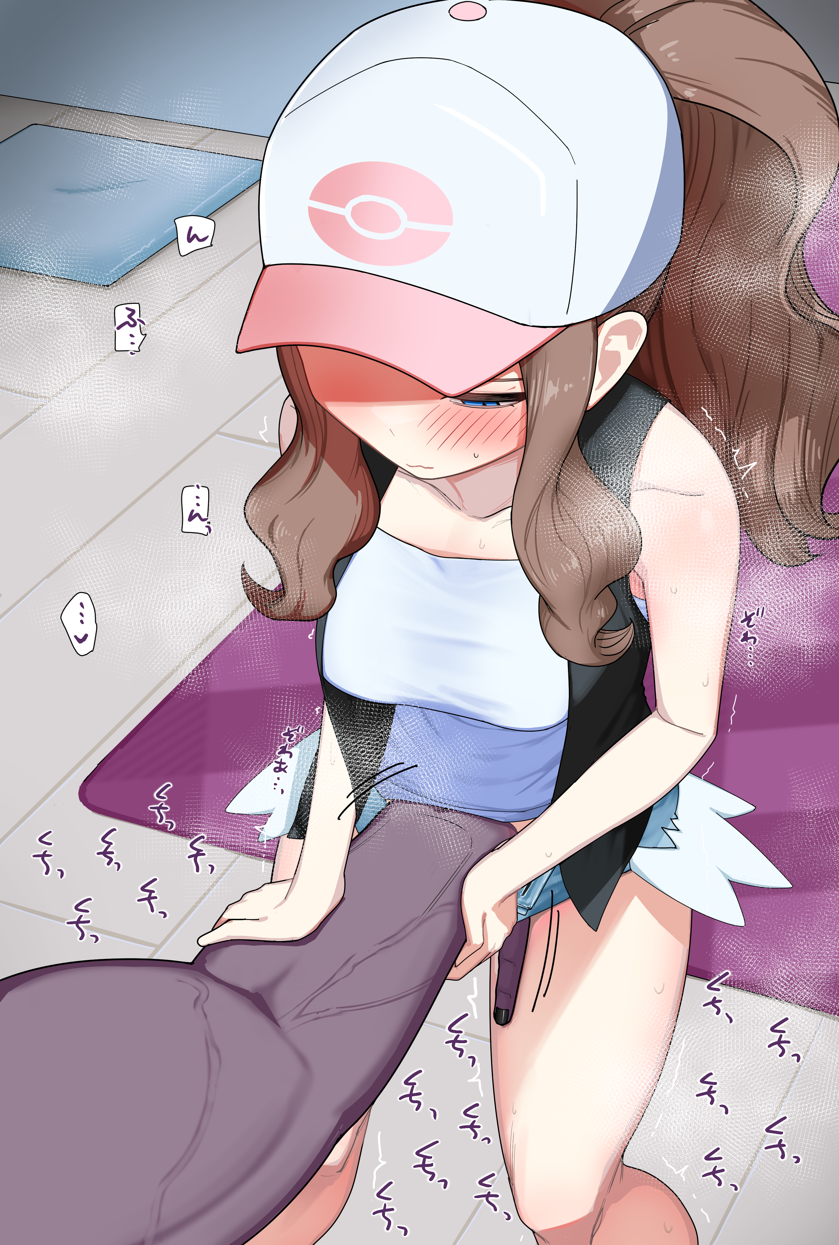 togeimeizin, hilda (pokemon), nintendo, pokemon, pokemon bw, absurdres, highres, 1boy, 1girl, baseball cap, black vest, blue eyes, blush, breasts, brown hair, dark-skinned male, dark skin, denim, denim shorts, fingering, fingering through clothes, half-closed eyes, hat, hetero, looking down, medium breasts, micro shorts, muscular, muscular male, ponytail, shorts, sidelocks, solo focus, steaming body, sweat, tank top, thighs, through clothes, trembling, veins, vest, white tank top