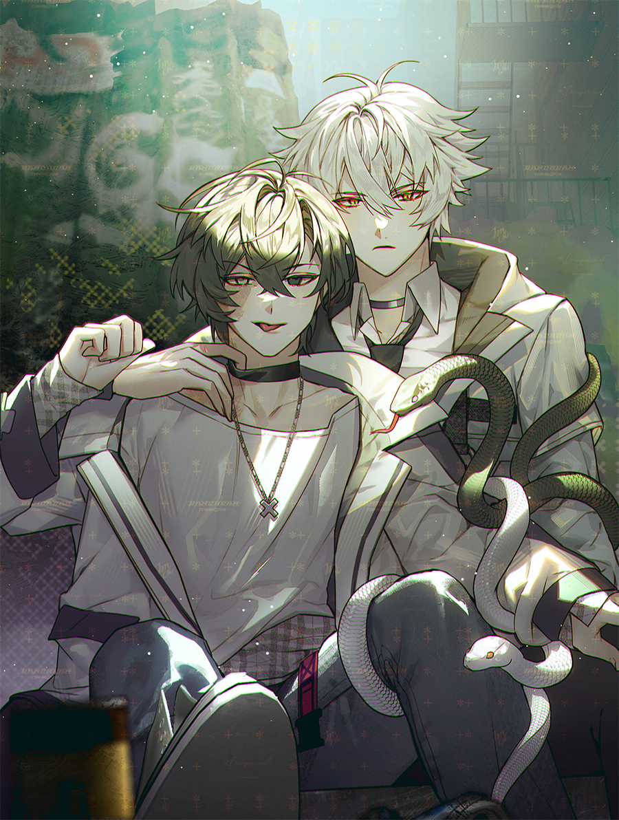 bamcream, original, commentary, commission, english commentary, 2boys, black choker, black hair, black necktie, choker, choker pull, closed mouth, collarbone, collared shirt, double-parted bangs, feet out of frame, grey pants, hair between eyes, jacket, jewelry, long sleeves, looking at viewer, male focus, multiple boys, necklace, necktie, open clothes, open jacket, pants, shirt, short hair, sitting, snake, tongue, tongue out, white hair, white jacket, white shirt, wing collar, yellow eyes