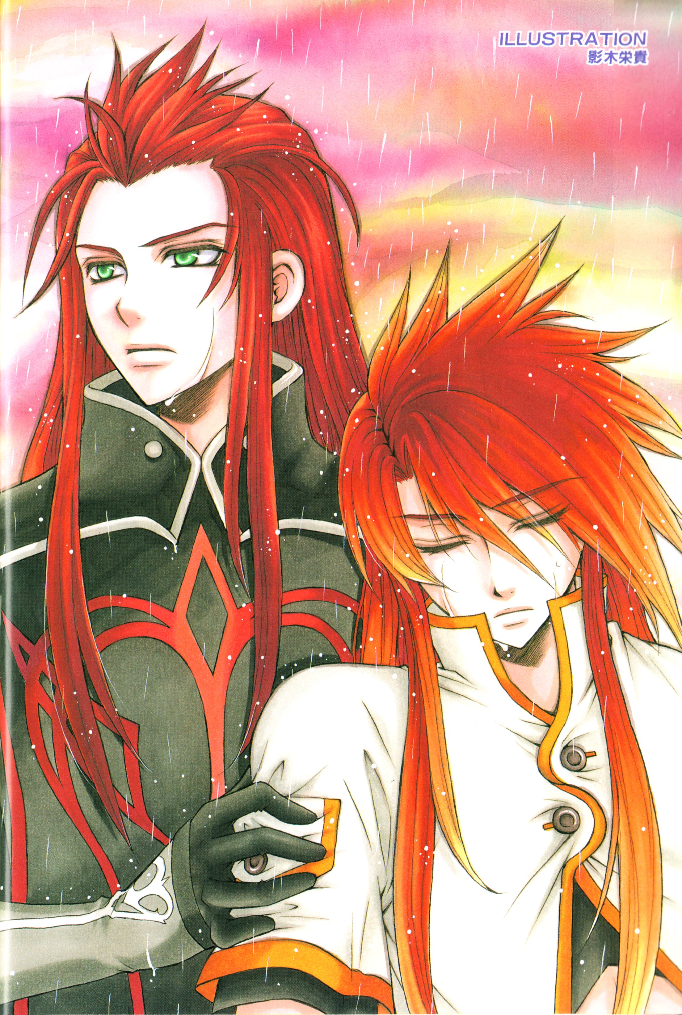 eiki eiki, asch (tales), luke fon fabre, tales of (series), tales of the abyss, absurdres, highres, scan, 00s, 2boys, closed eyes, gradient background, male focus, multiple boys, outdoors, sky, surcoat, upper body