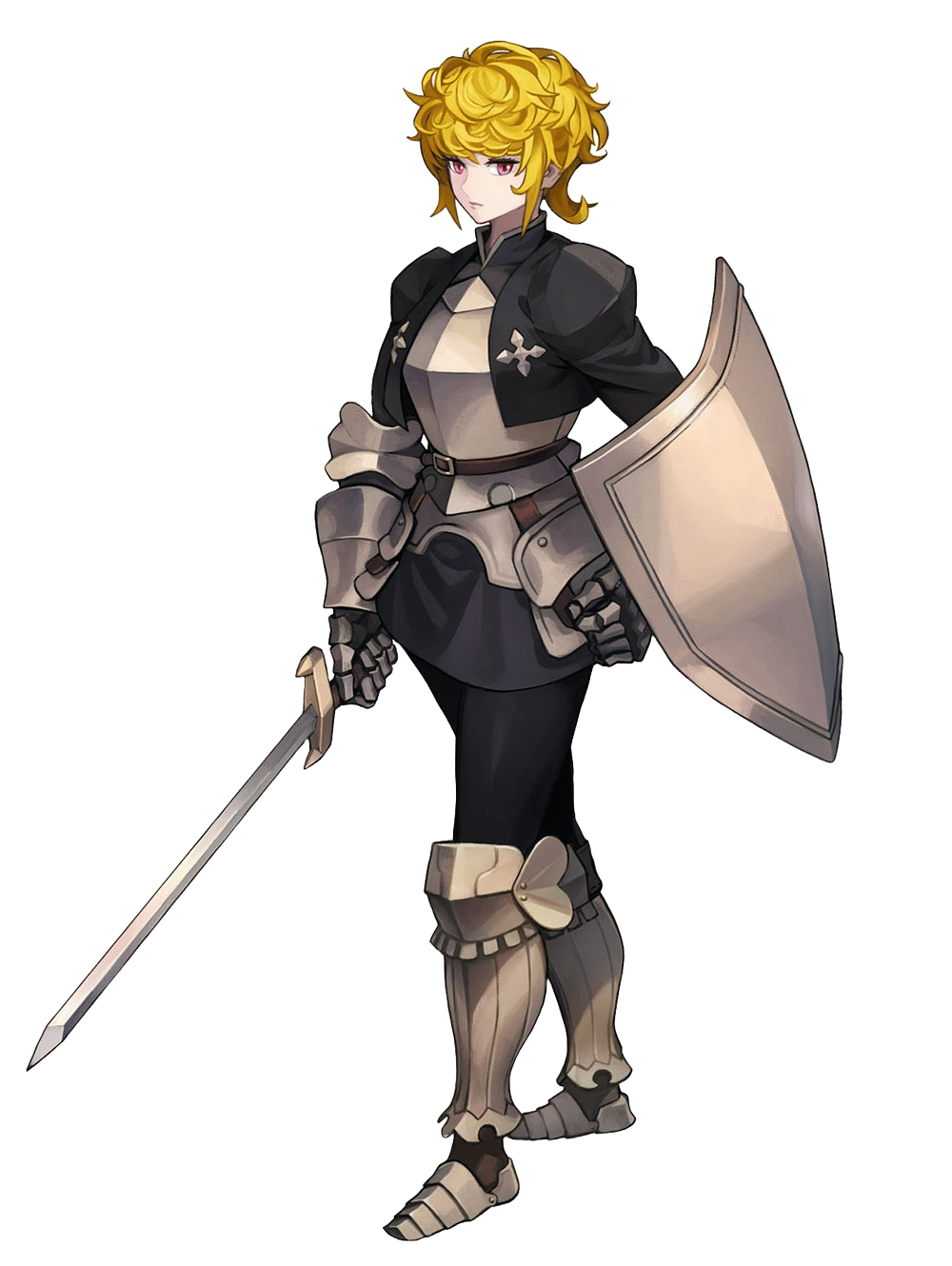noma takafumi, monica (unicorn overlord), highres, armor, armored boots, black capelet, black pants, black shirt, black skirt, blonde hair, boots, breastplate, capelet, cuirass, curly hair, gauntlets, greaves, holding, holding shield, holding sword, holding weapon, knight, leg armor, pants, red eyes, shield, shirt, short hair, skirt, sword, tight clothes, tight pants, transparent background, weapon