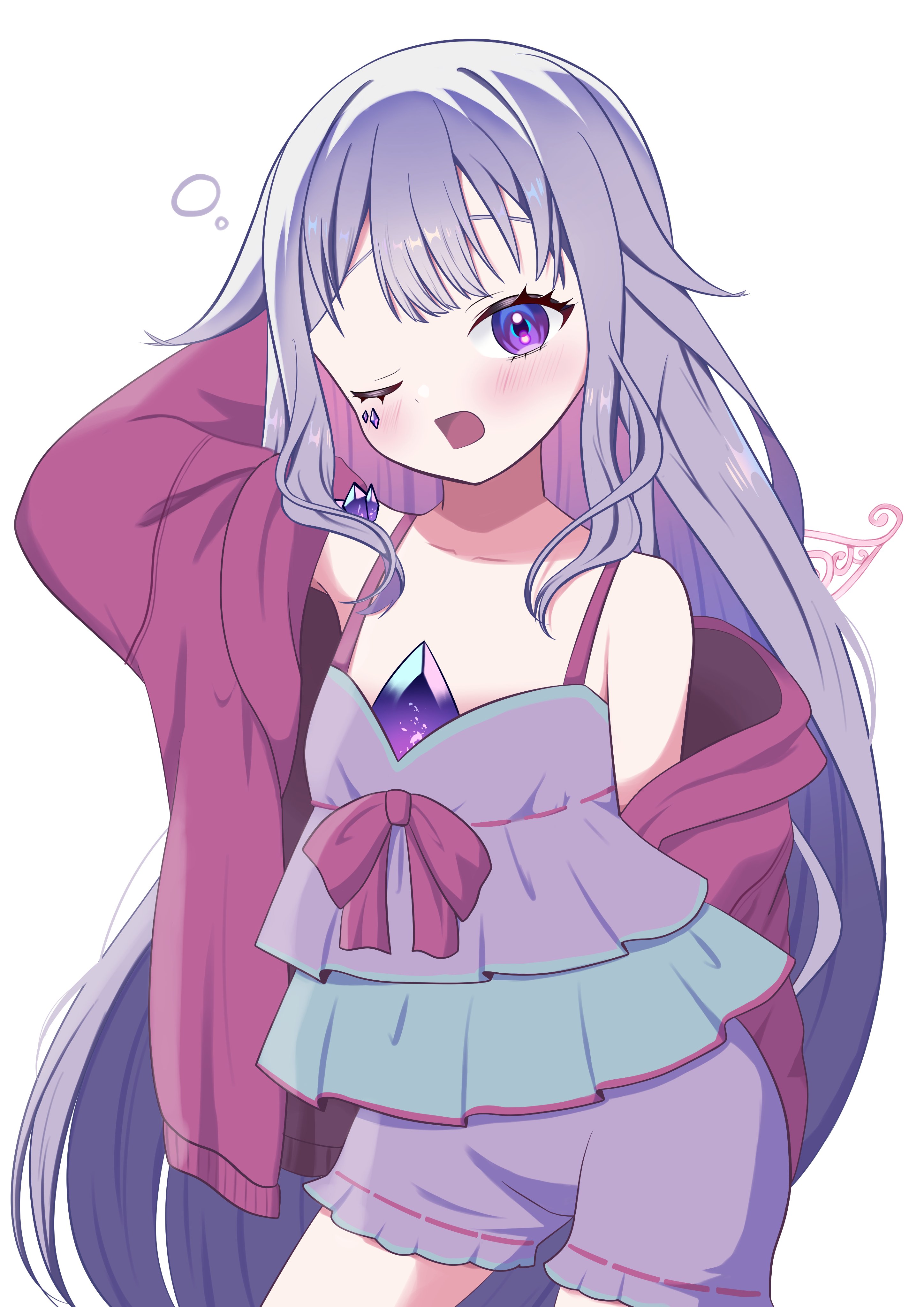 elis soratabi, koseki bijou, hololive, hololive english, absurdres, highres, 1girl, bare shoulders, chest jewel, gem, grey hair, jewel under eye, long hair, looking at viewer, one eye closed, open mouth, purple eyes, purple hair, sleepwear, smile, solo, virtual youtuber