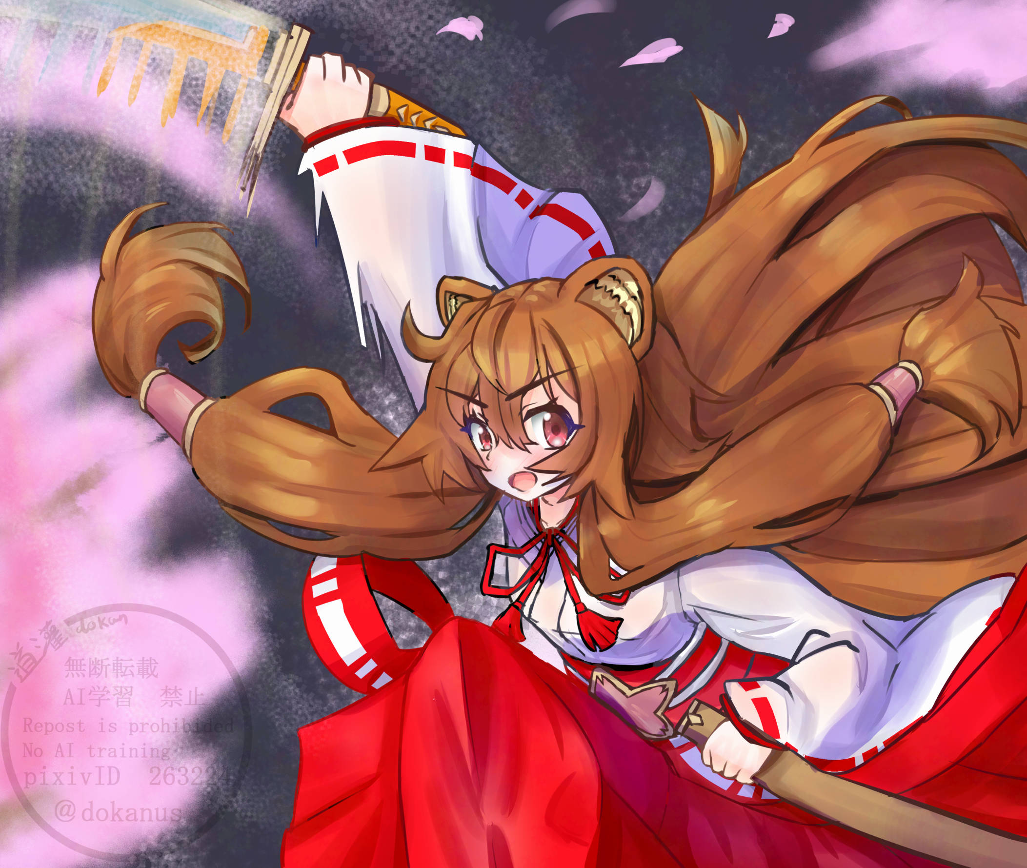 raphtalia, tate no yuusha no nariagari, commentary request, highres, 1girl, animal ear fluff, animal ears, artist name, breasts, brown hair, cowboy shot, doukan, eyelashes, hakama, hakama skirt, holding, holding sheath, holding sword, holding weapon, japanese clothes, katana, kosode, long hair, long sleeves, metal hair tubes, miko, neck tassel, open mouth, pixiv id, raccoon ears, raccoon girl, red eyes, red hakama, red ribbon, red skirt, ribbon, ribbon-trimmed sleeves, ribbon trim, scabbard, sheath, skirt, small breasts, solo, sword, tassel, twitter username, unsheathed, v-shaped eyebrows, watermark, weapon, white kosode, wide sleeves