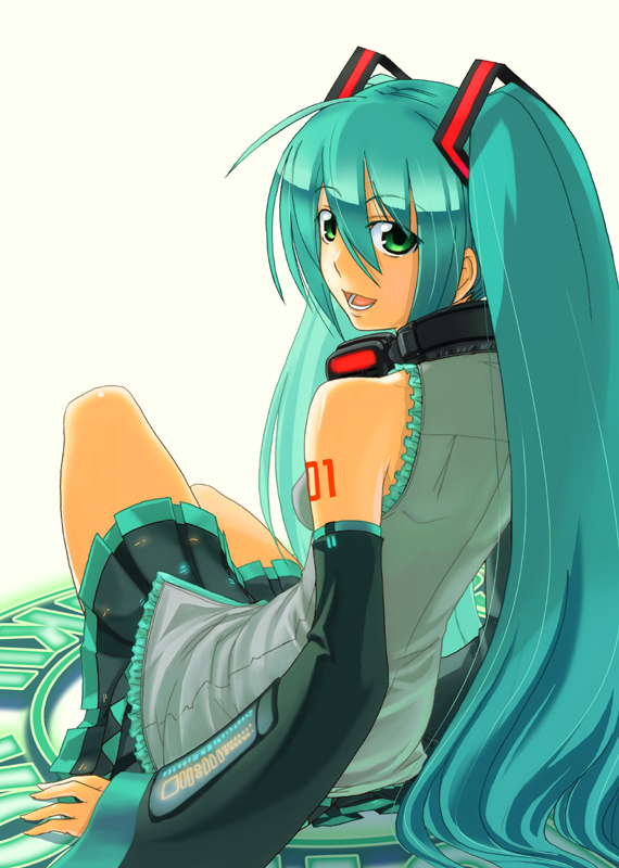 mishima yoshikatsu, hatsune miku, vocaloid, bad id, bad pixiv id, detached sleeves, green eyes, green hair, headphones, long hair, looking back, open mouth, sitting, skirt, smile, twintails, very long hair