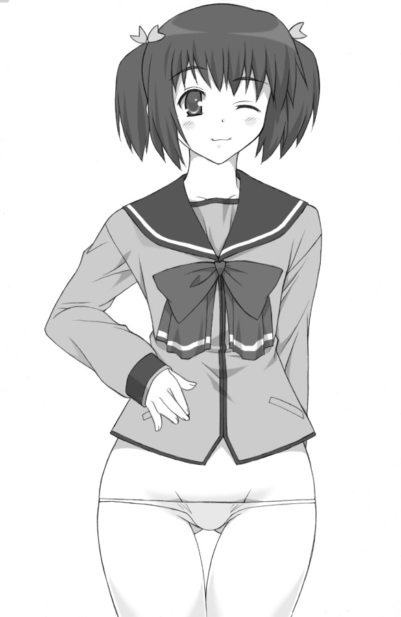 shichimenchou, yuzuhara konomi, to heart (series), to heart 2, 00s, 1girl, :3, blush, female focus, greyscale, lowleg, lowleg panties, monochrome, no pants, one eye closed, panties, school uniform, serafuku, solo, twintails, underwear, wink