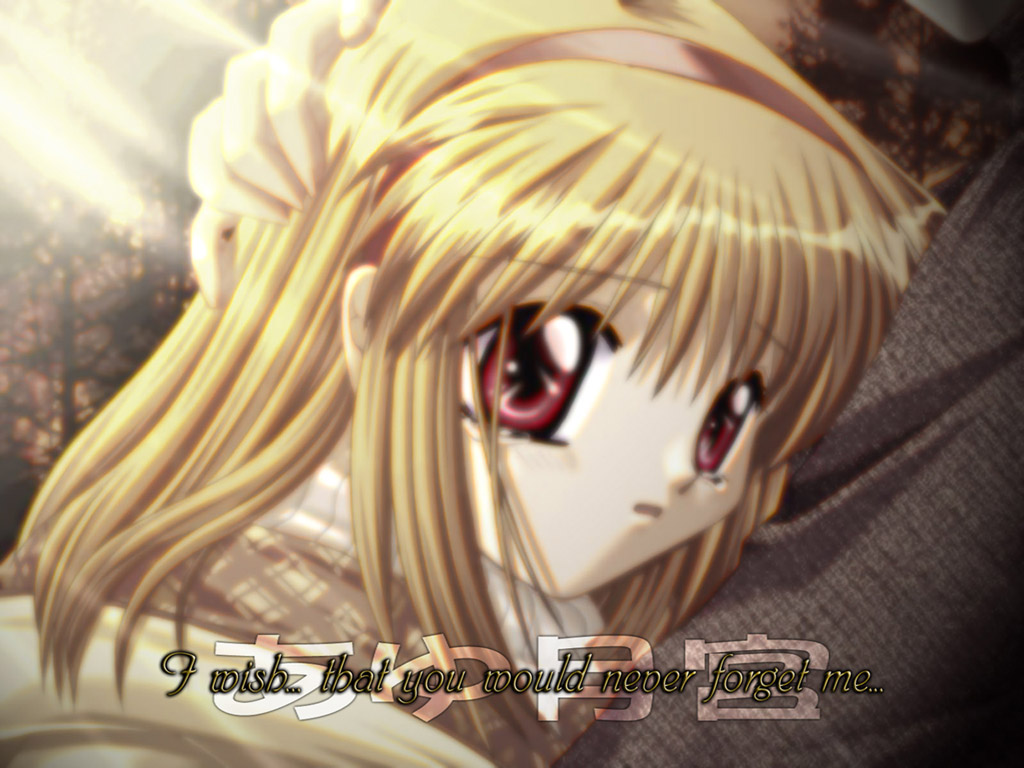 tsukimiya ayu, kanon, forest, hug, nature, orange hair, red eyes, ribbon, sad, solo, tears