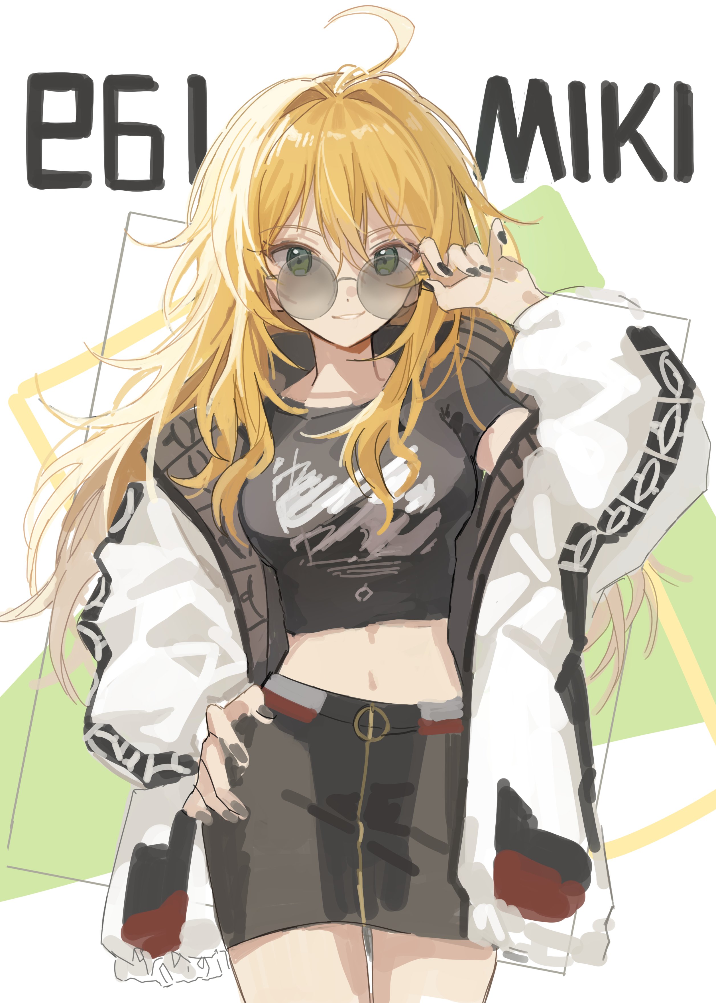 hano9789, hoshii miki, idolmaster, idolmaster (classic), absurdres, highres, 1girl, adjusting eyewear, ahoge, black nails, black shirt, black skirt, blonde hair, character name, cowboy shot, fingernails, green eyes, grin, hair between eyes, hand on own hip, jacket, long hair, long sleeves, looking at viewer, midriff, nail polish, navel, open clothes, open jacket, round eyewear, shirt, skirt, smile, solo, standing