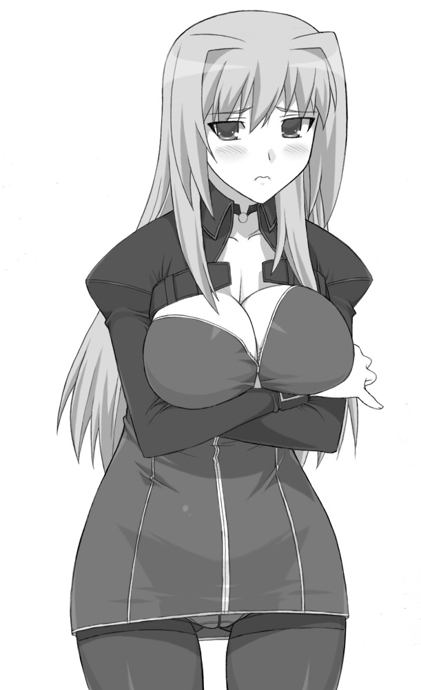 shichimenchou, lisa vixen, routes, breast hold, 1girl, blush, breasts, cleavage, crossed arms, crotch seam, female focus, greyscale, large breasts, long hair, monochrome, panties, panties under pantyhose, pantyhose, pantyshot, solo, thighband pantyhose, underwear