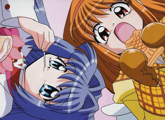 oonishi youichi, minase nayuki, tsukimiya ayu, kanon, key (company), 2girls, blue eyes, blue hair, cake, eating, food, fruit, gloves, multiple girls, orange hair, pastry, red eyes, ribbon, strawberry, taiyaki, wagashi, wings