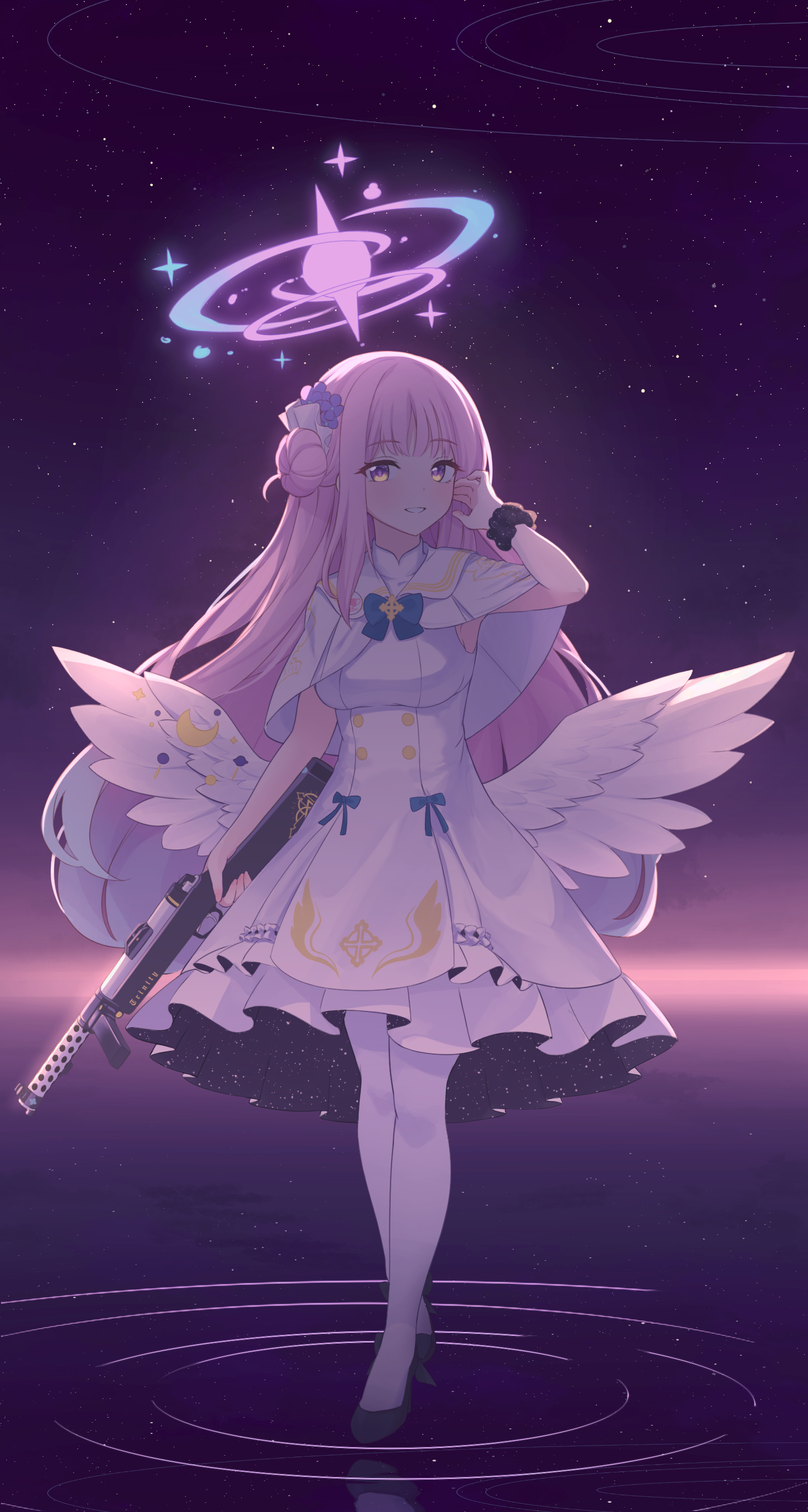 bsm (nerdmin), mika (blue archive), blue archive, absurdres, highres, 1girl, angel wings, aqua hair, arm up, blue bow, bow, breasts, capelet, crescent, dress, feathered wings, flower, gold trim, gradient hair, gun, hair bun, hair flower, hair ornament, halo, high heels, holding, holding gun, holding weapon, lanchester smg, long hair, looking at viewer, low wings, medium breasts, multicolored hair, night, night sky, outdoors, pantyhose, parted lips, pink hair, pink halo, pumps, purple eyes, scrunchie, single hair bun, single side bun, sky, sleeveless, sleeveless dress, smile, solo, submachine gun, very long hair, weapon, white capelet, white dress, white overskirt, white pantyhose, white wings, wings, wrist scrunchie