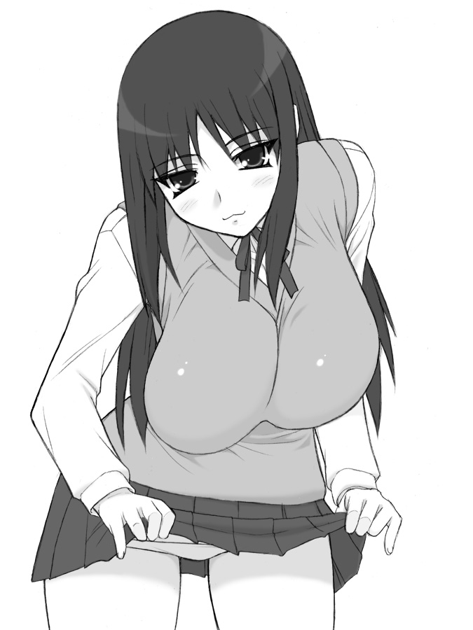 shichimenchou, kurusugawa ayaka, to heart, to heart (series), 1girl, :3, breasts, clothes lift, female focus, greyscale, monochrome, panties, school uniform, serafuku, simple background, skirt, skirt lift, solo, standing, underwear, white background